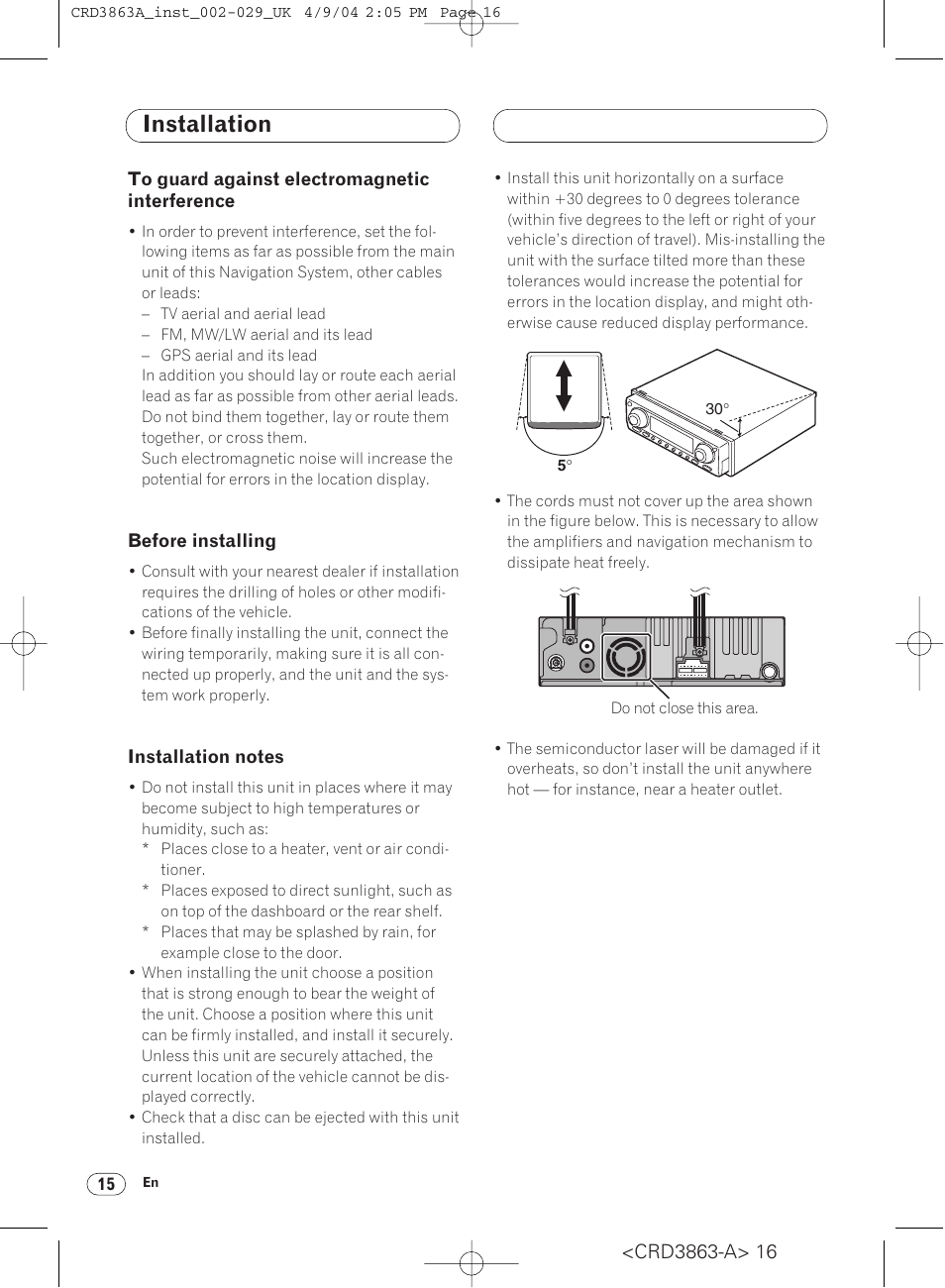 To guard against electromagnetic, Interference 15, Before installing 15 • installation notes 15 | Installation | Pioneer ANH-P10MP User Manual | Page 16 / 170