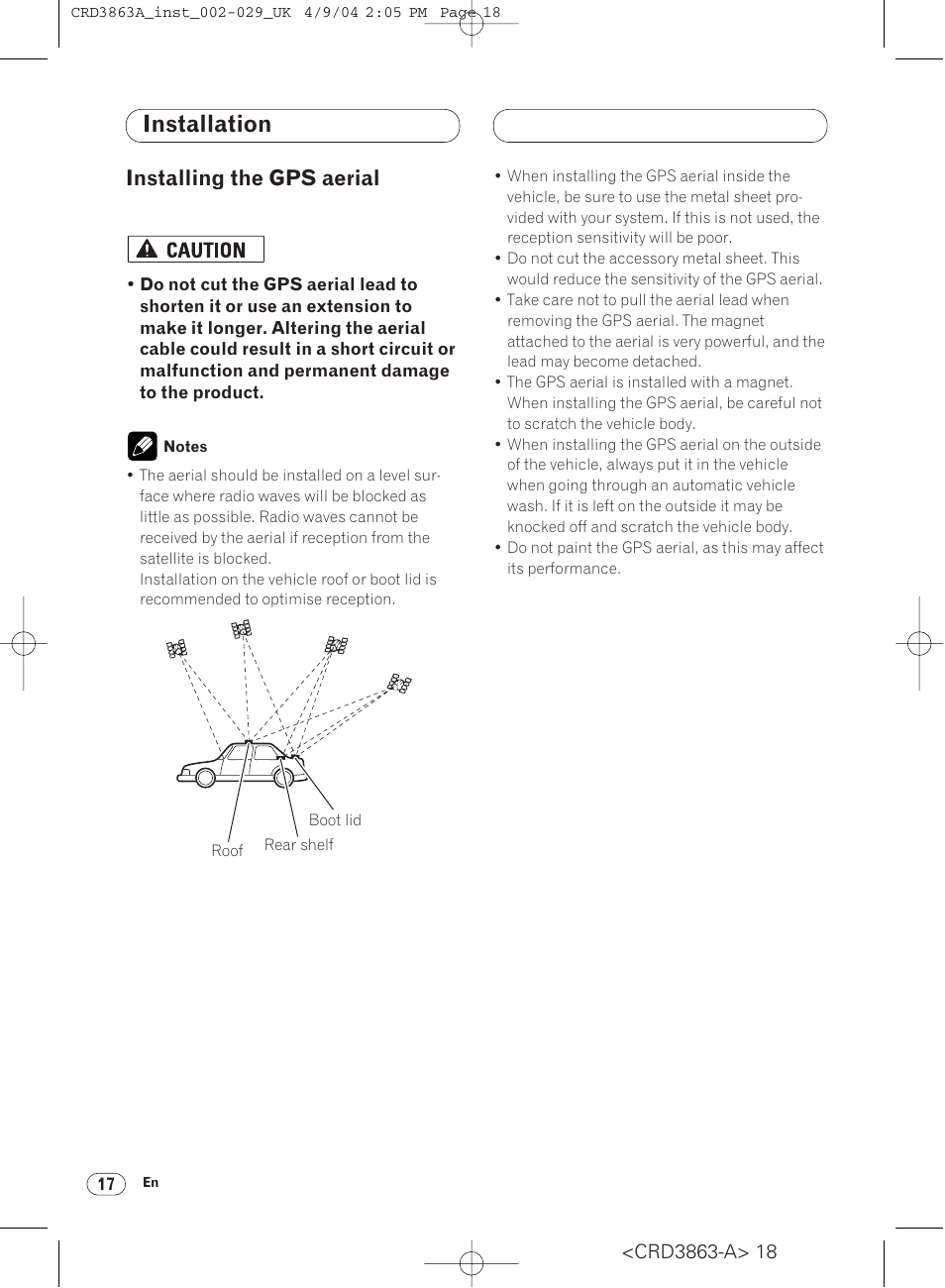 Installation, Installing the gps aerial | Pioneer ANH-P10MP User Manual | Page 18 / 170