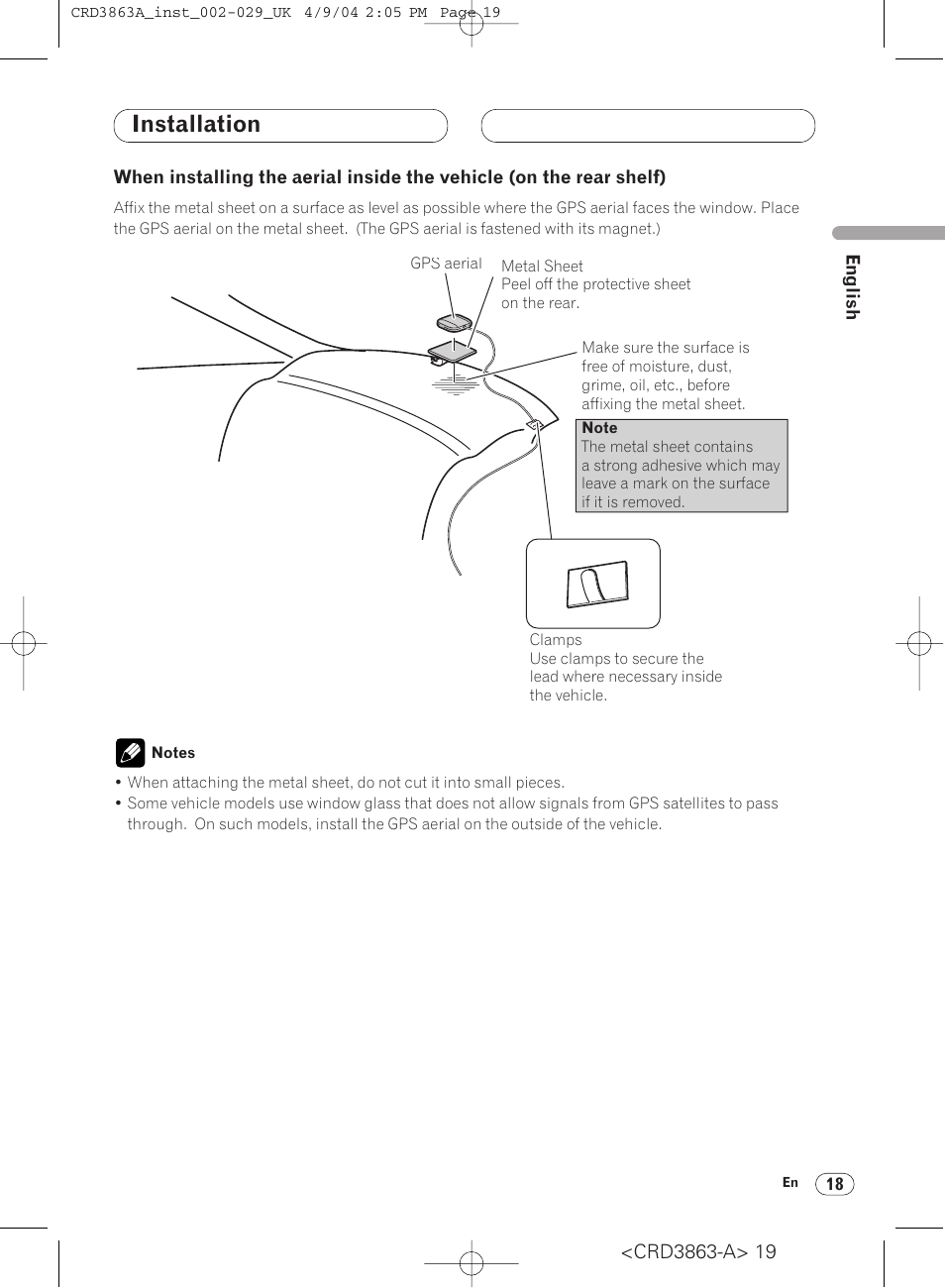 Installing the gps aerial 18, When installing the aerial inside the, Vehicle (on the rear shelf) 18 | Fixing the front panel 20, Installation | Pioneer ANH-P10MP User Manual | Page 19 / 170