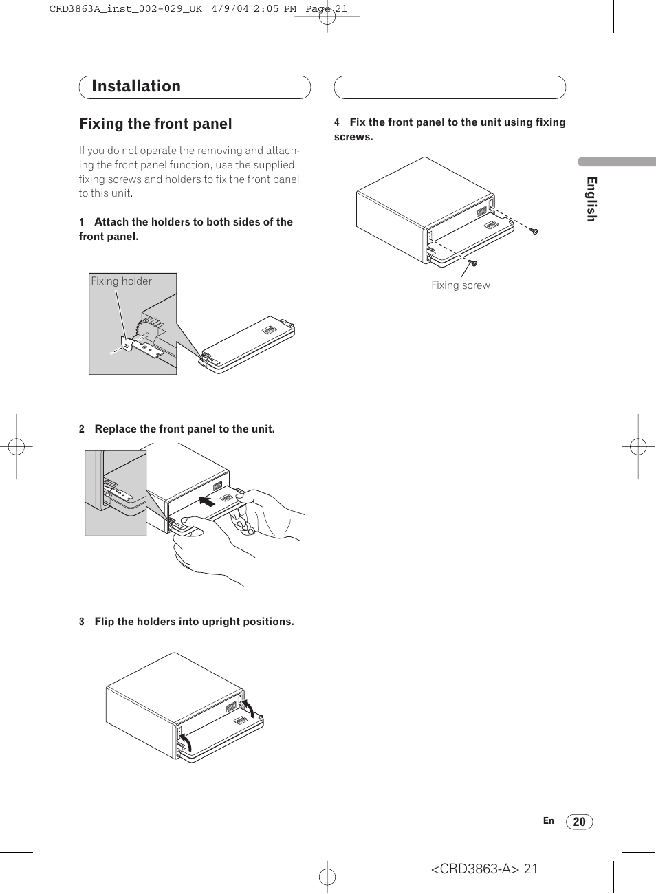 Installation, Fixing the front panel | Pioneer ANH-P10MP User Manual | Page 21 / 170