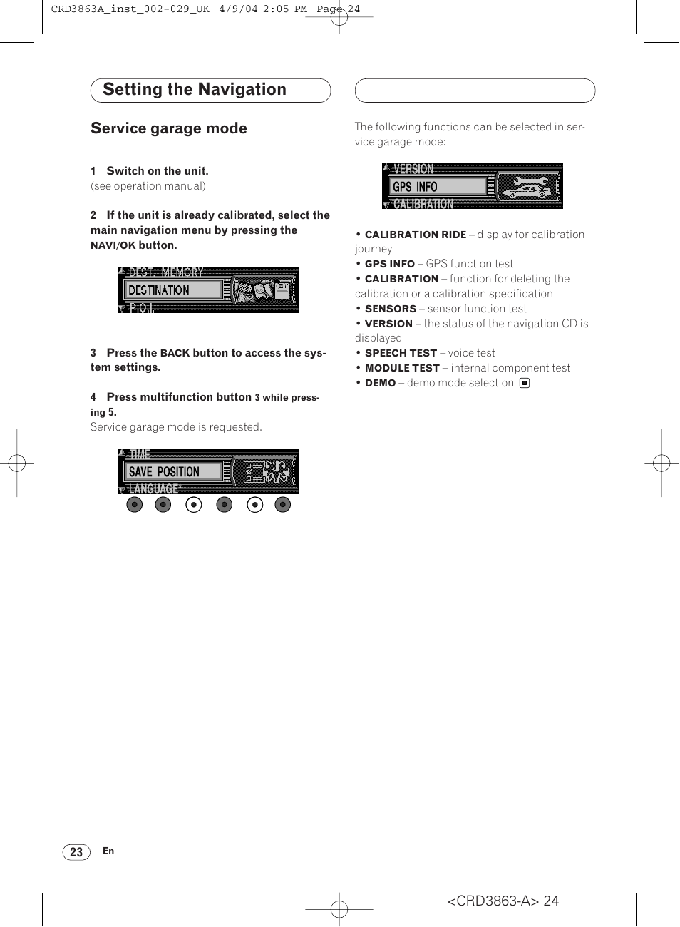 Service garage mode 23, Setting the navigation, Service garage mode | Pioneer ANH-P10MP User Manual | Page 24 / 170