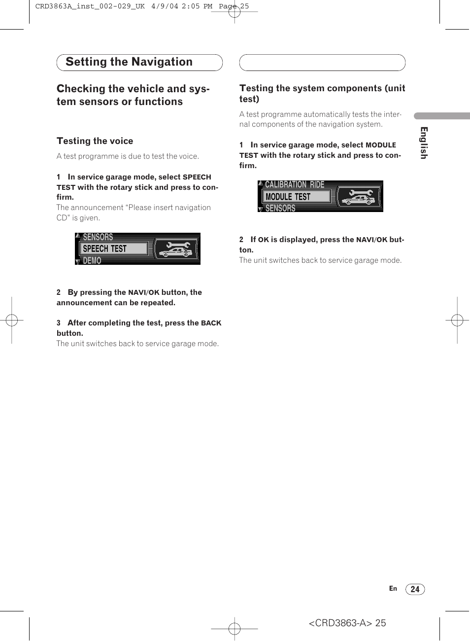 Checking the vehicle and system sensors or, Unit test) 24, Setting the navigation | Pioneer ANH-P10MP User Manual | Page 25 / 170