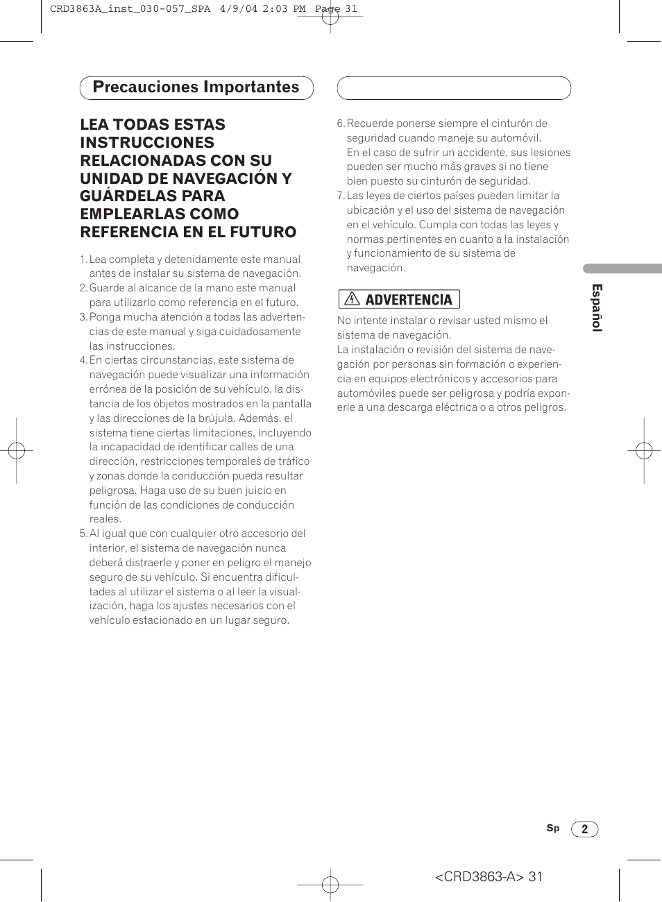 Precauciones importantes | Pioneer ANH-P10MP User Manual | Page 31 / 170