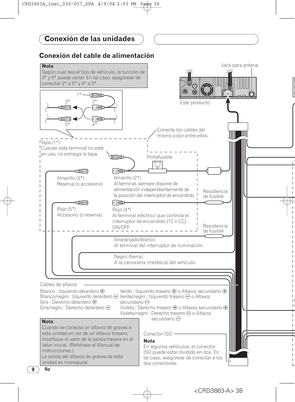 Conexión del cable de alimentación 9, Conexión de las unidades, Conexión del cable de alimentación | Pioneer ANH-P10MP User Manual | Page 38 / 170