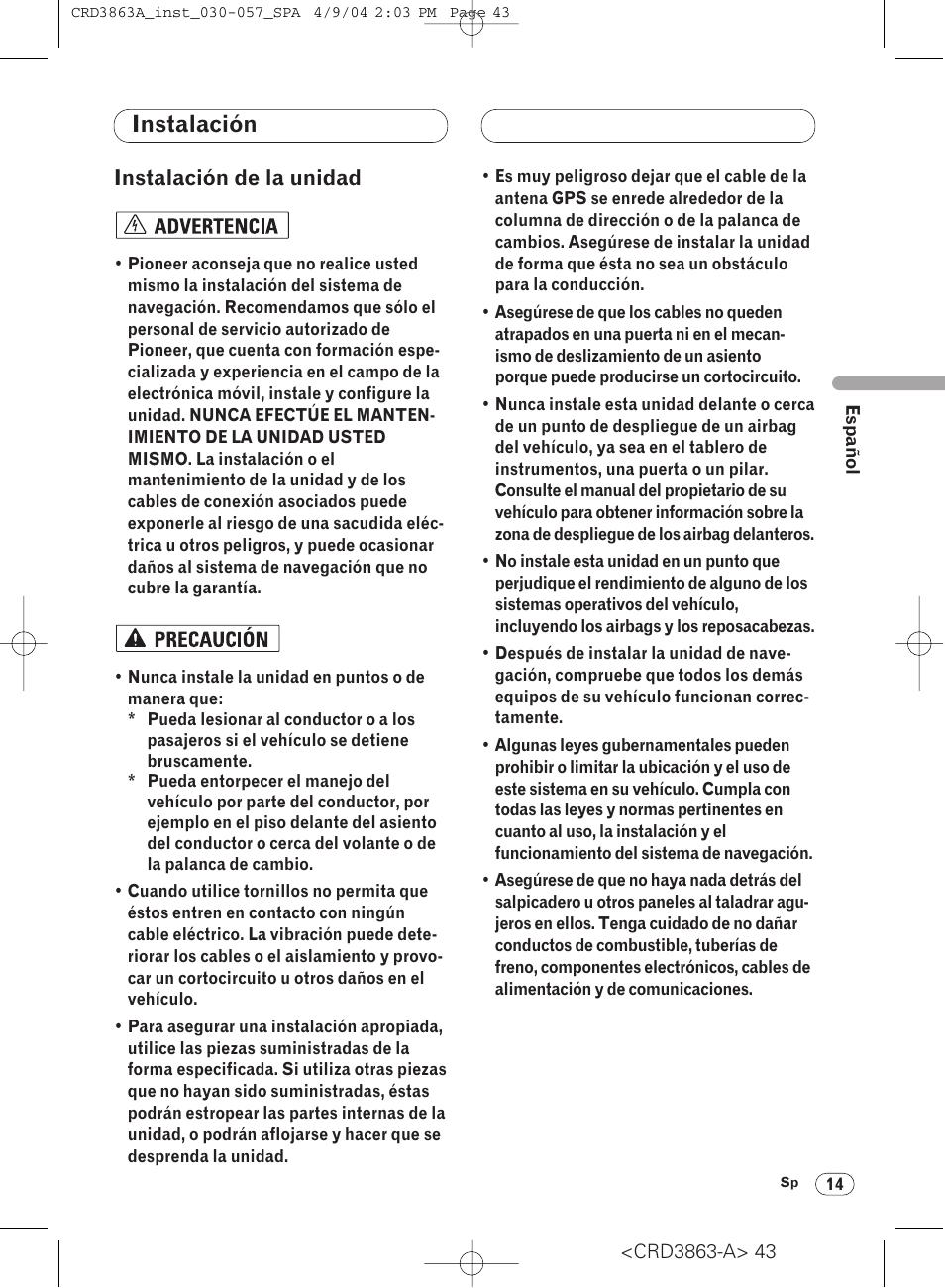 Instalación, Instalación de la unidad 14, Instalación de la unidad | Pioneer ANH-P10MP User Manual | Page 43 / 170