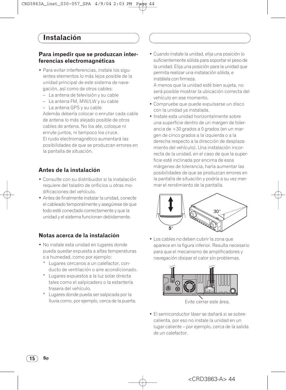Para impedir que se produzcan, Interferencias electromagnéticas 15, Instalación | Pioneer ANH-P10MP User Manual | Page 44 / 170