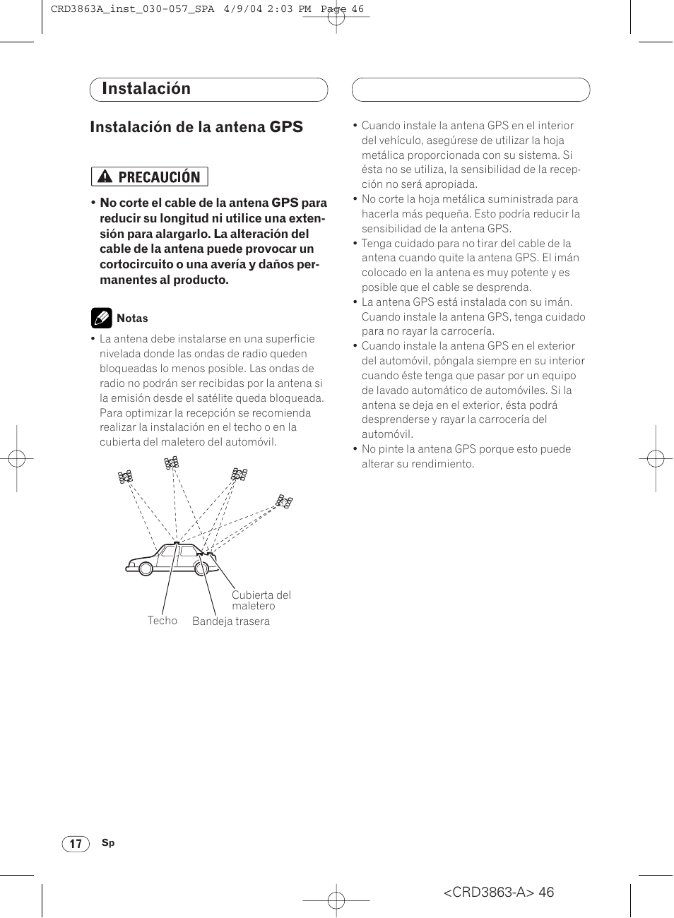 Instalación de la antena gps 17, Instalación, Instalación de la antena gps | Pioneer ANH-P10MP User Manual | Page 46 / 170