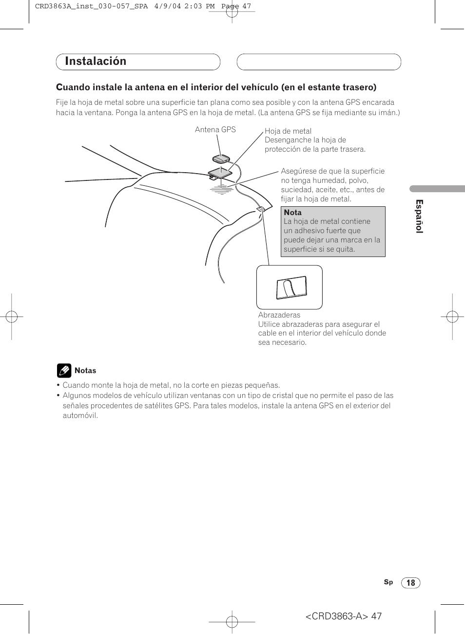 Cuando instale la antena en el interior, Del vehículo (en el estante trasero) 18, Instalación | Pioneer ANH-P10MP User Manual | Page 47 / 170