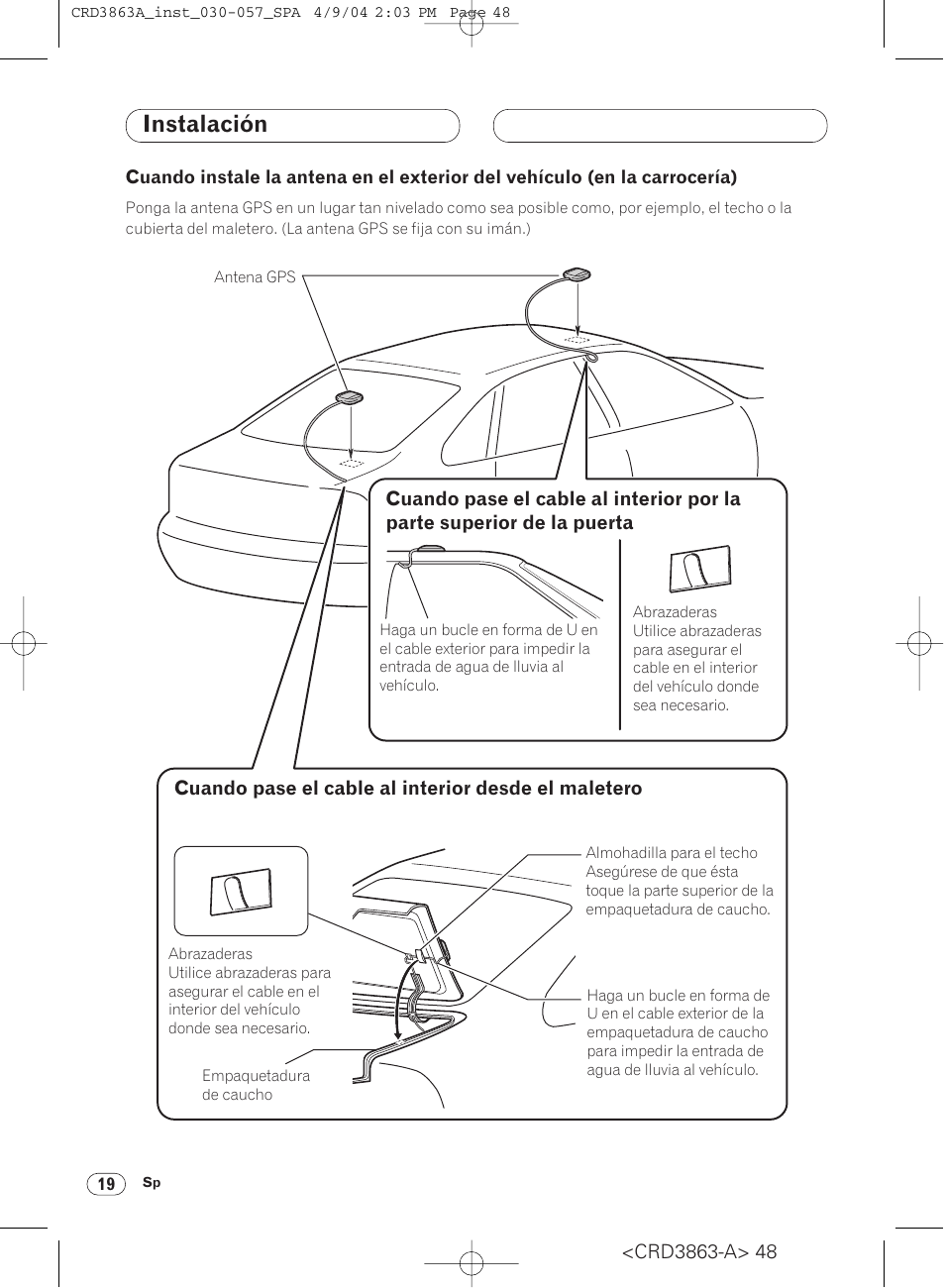 Cuando instale la antena en el exterior, Del vehículo (en la carrocería) 19, Instalación | Pioneer ANH-P10MP User Manual | Page 48 / 170