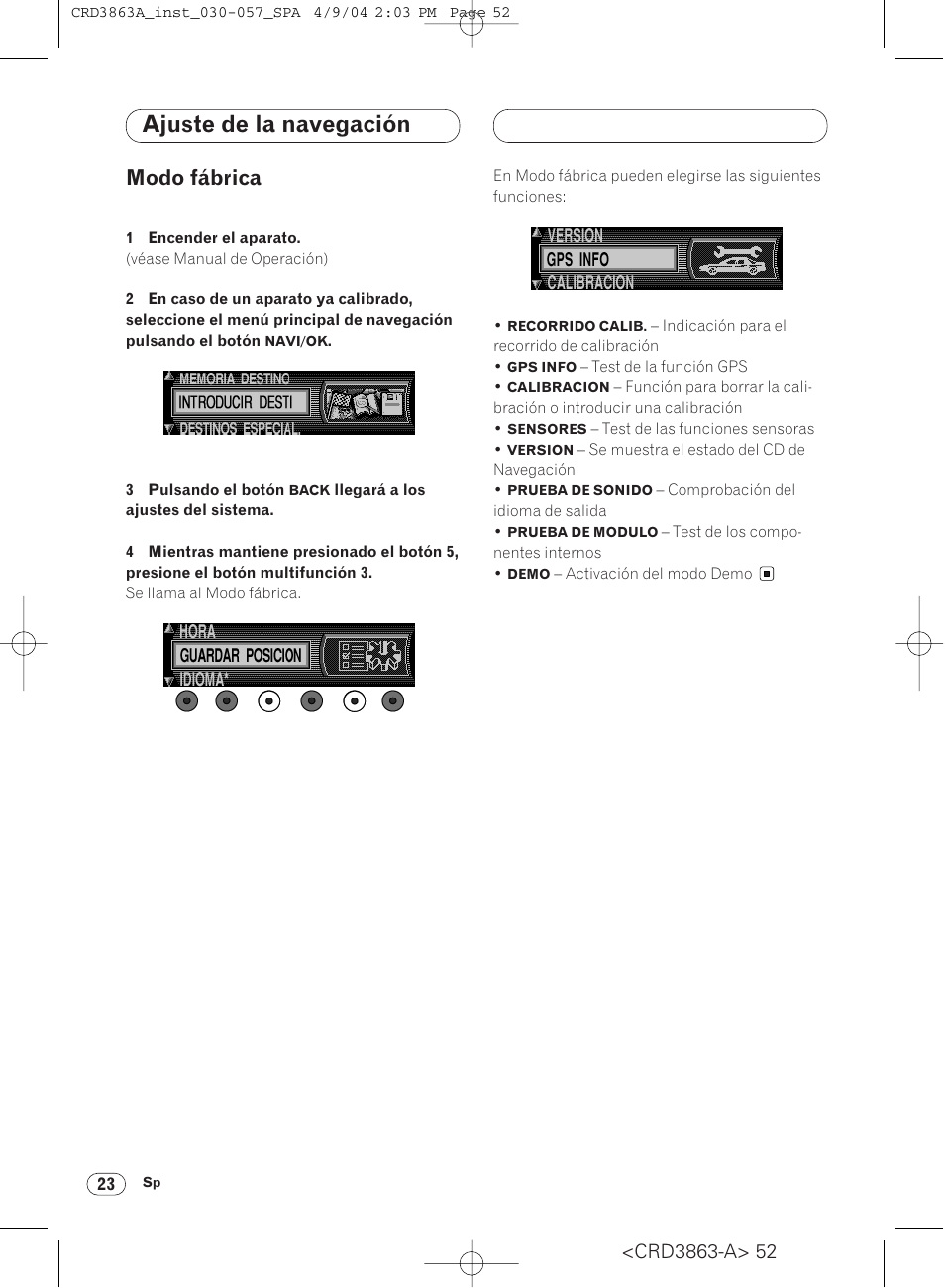 Modo fábrica 23, Ajuste de la navegación, Modo fábrica | Pioneer ANH-P10MP User Manual | Page 52 / 170