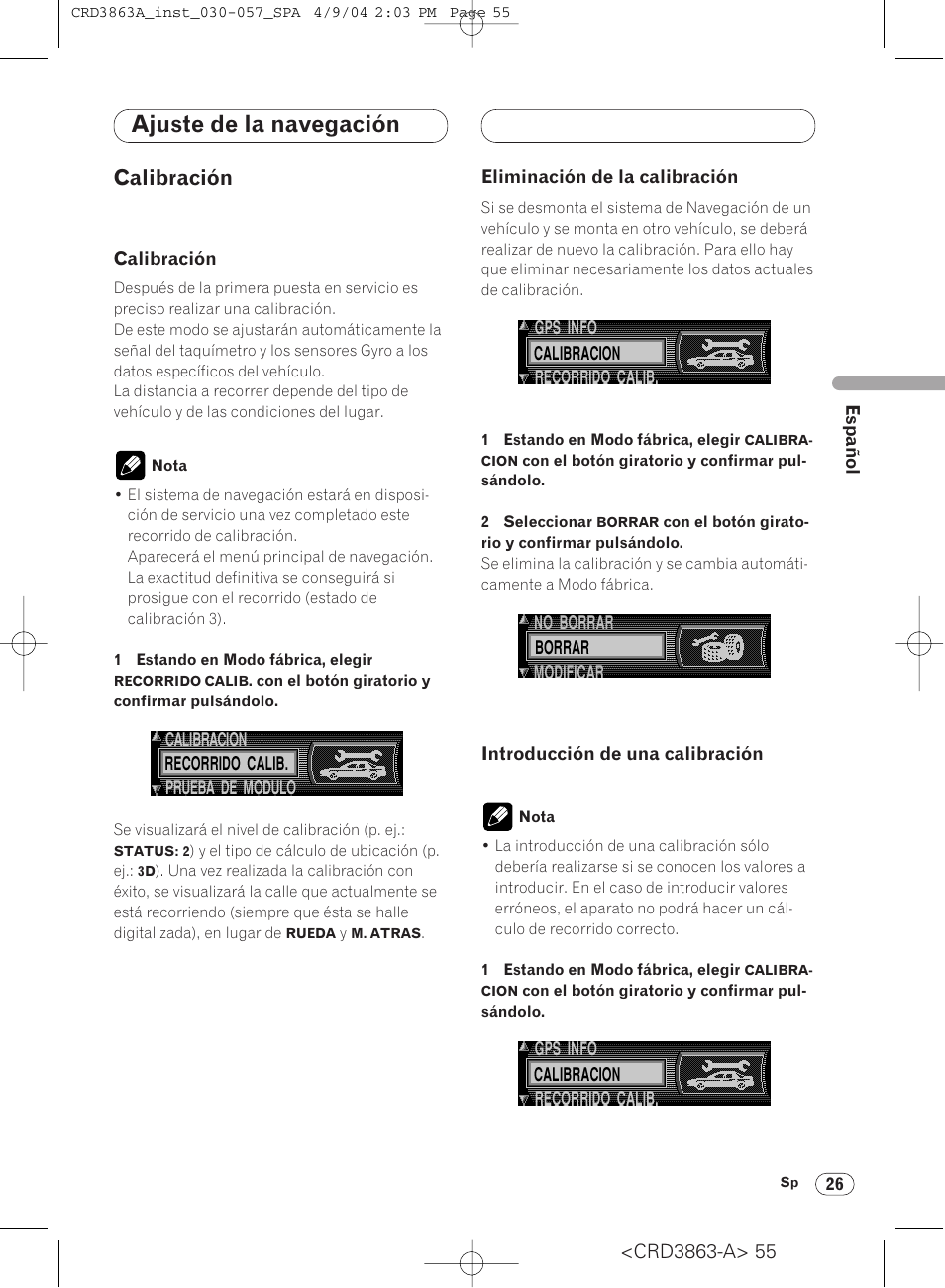 Calibración 26, Ajuste de la navegación, Calibración | Pioneer ANH-P10MP User Manual | Page 55 / 170