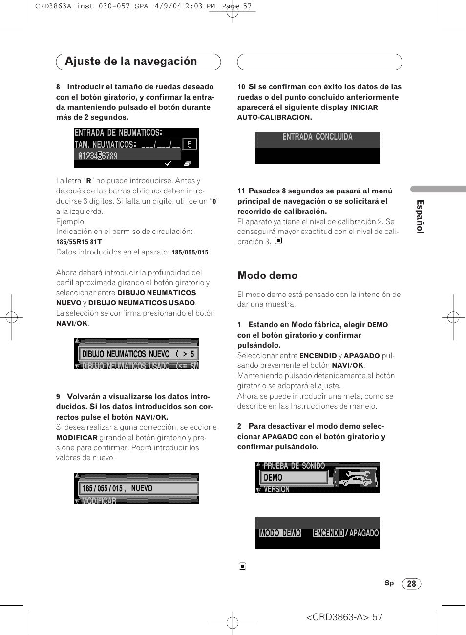 Modo demo 28, Ajuste de la navegación, Modo demo | Pioneer ANH-P10MP User Manual | Page 57 / 170