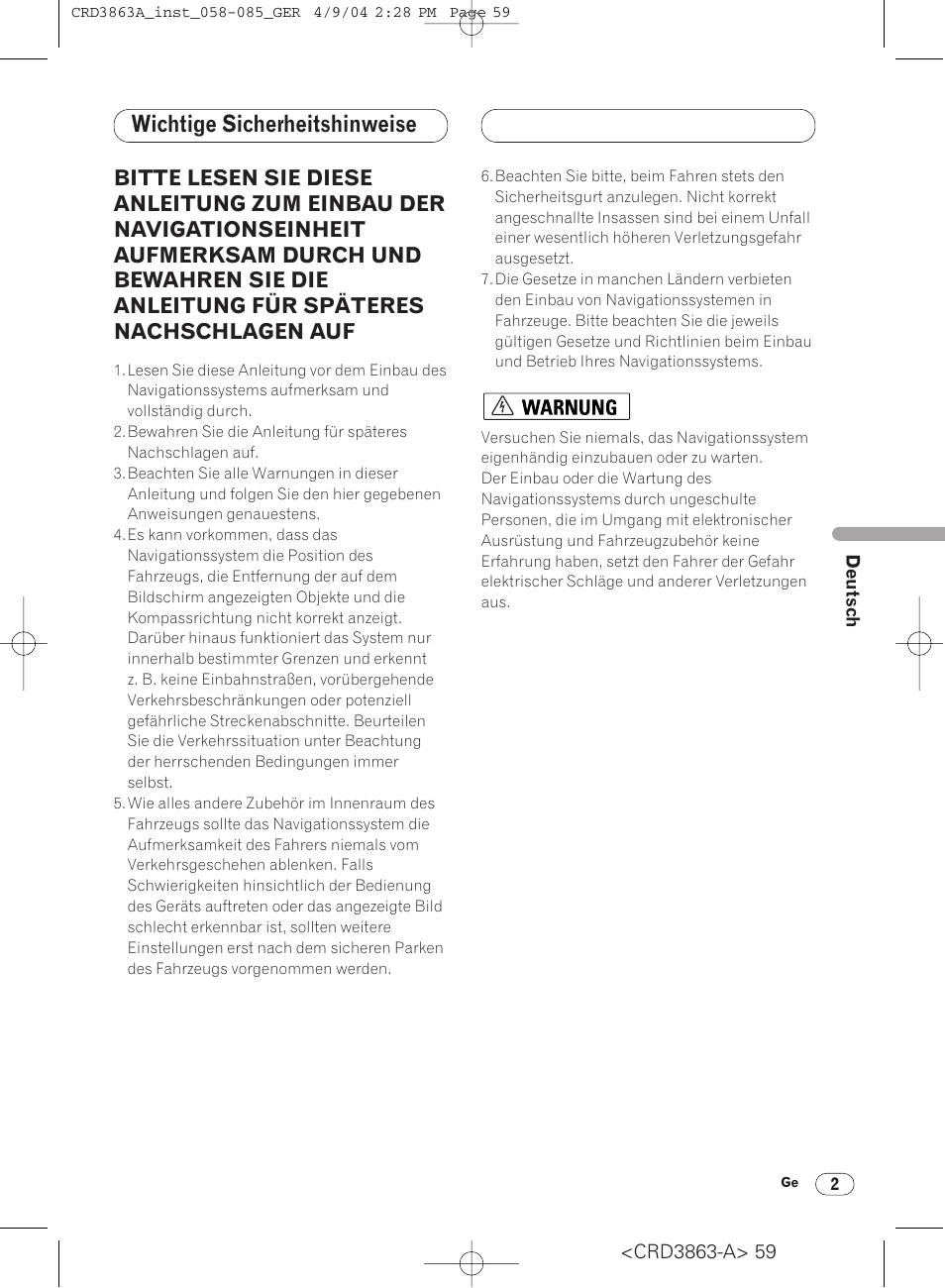 Wichtige sicherheitshinweise | Pioneer ANH-P10MP User Manual | Page 59 / 170