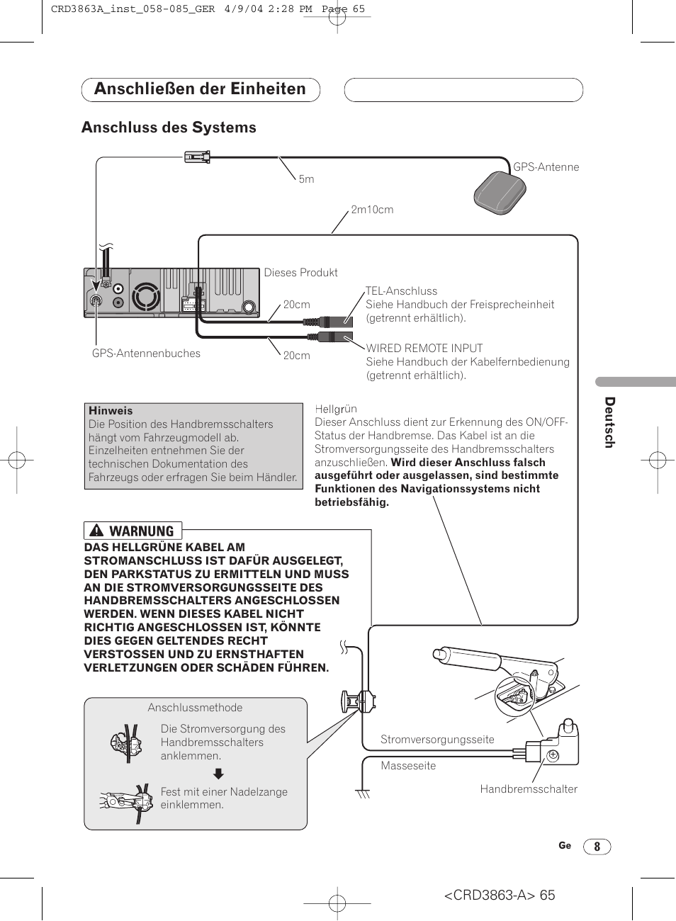 Anschluss des systems 8, Anschließen der einheiten, Anschluss des systems | Pioneer ANH-P10MP User Manual | Page 65 / 170