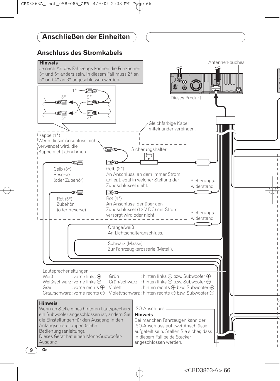 Anschluss des stromkabels 9, Anschließen der einheiten, Anschluss des stromkabels | Pioneer ANH-P10MP User Manual | Page 66 / 170