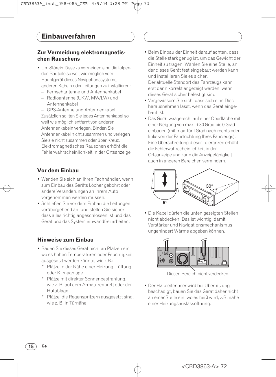 Zur vermeidung elektromagnetischen, Rauschens 15, Vor dem einbau 15 • hinweise zum einbau 15 | Einbauverfahren | Pioneer ANH-P10MP User Manual | Page 72 / 170