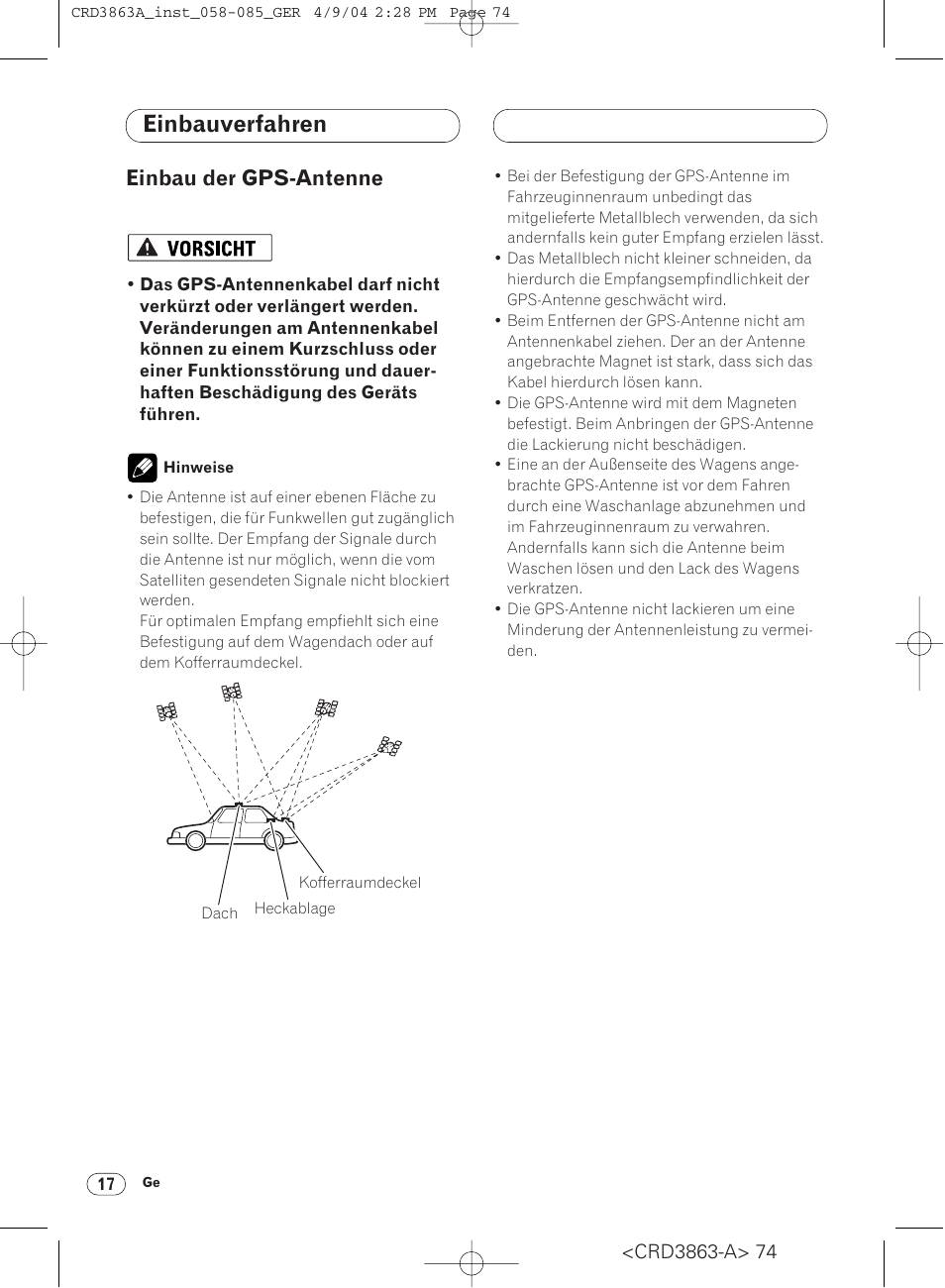Einbau der gps-antenne 17, Einbauverfahren, Einbau der gps-antenne | Pioneer ANH-P10MP User Manual | Page 74 / 170