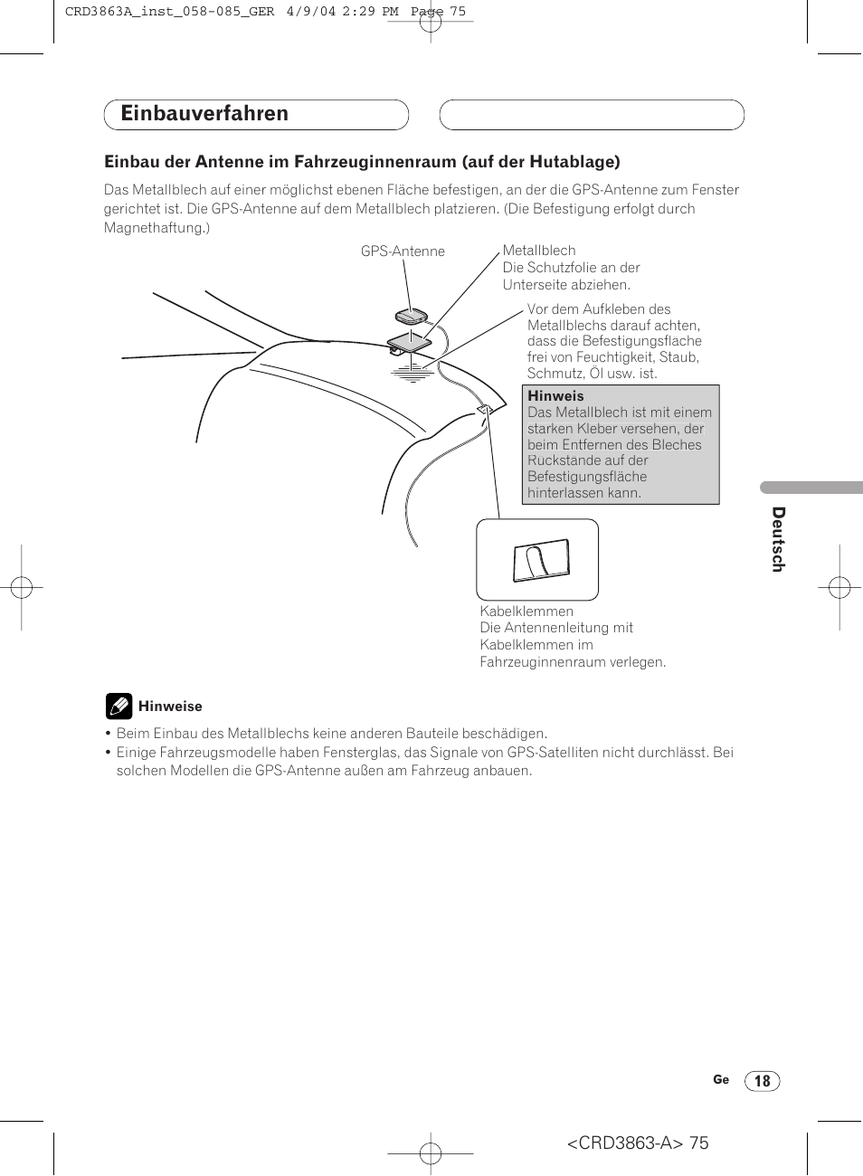 Einbau der antenne im fahrzeuginnenraum, Auf der hutablage) 18, Einbauverfahren | Pioneer ANH-P10MP User Manual | Page 75 / 170