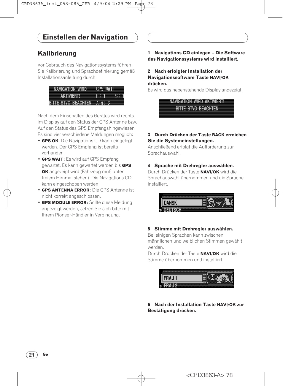 Einstellen der navigation, Kalibrierung 21, Kalibrierung | Pioneer ANH-P10MP User Manual | Page 78 / 170