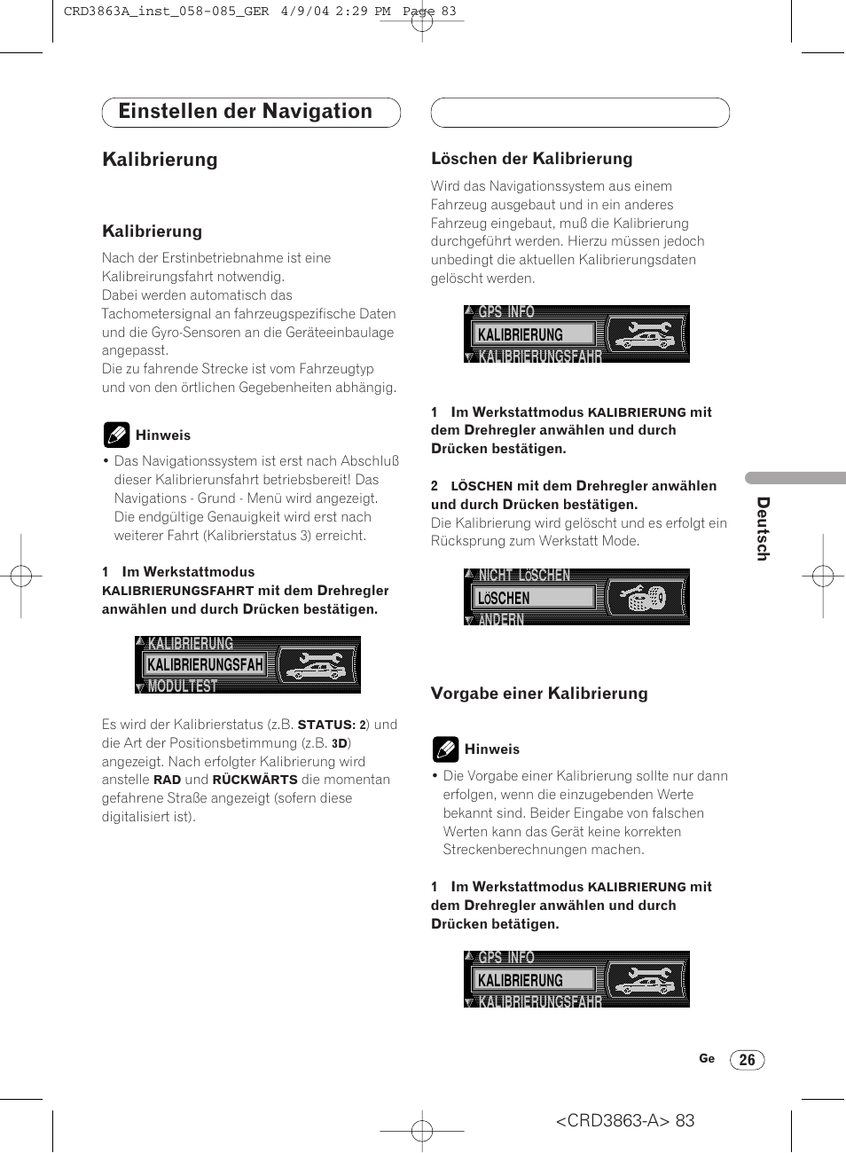 Kalibrierung 26, Einstellen der navigation, Kalibrierung | Pioneer ANH-P10MP User Manual | Page 83 / 170
