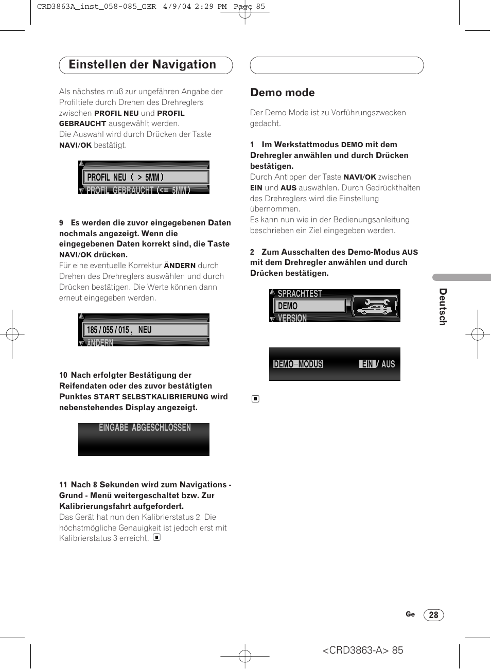 Demo mode 28, Einstellen der navigation, Demo mode | Pioneer ANH-P10MP User Manual | Page 85 / 170