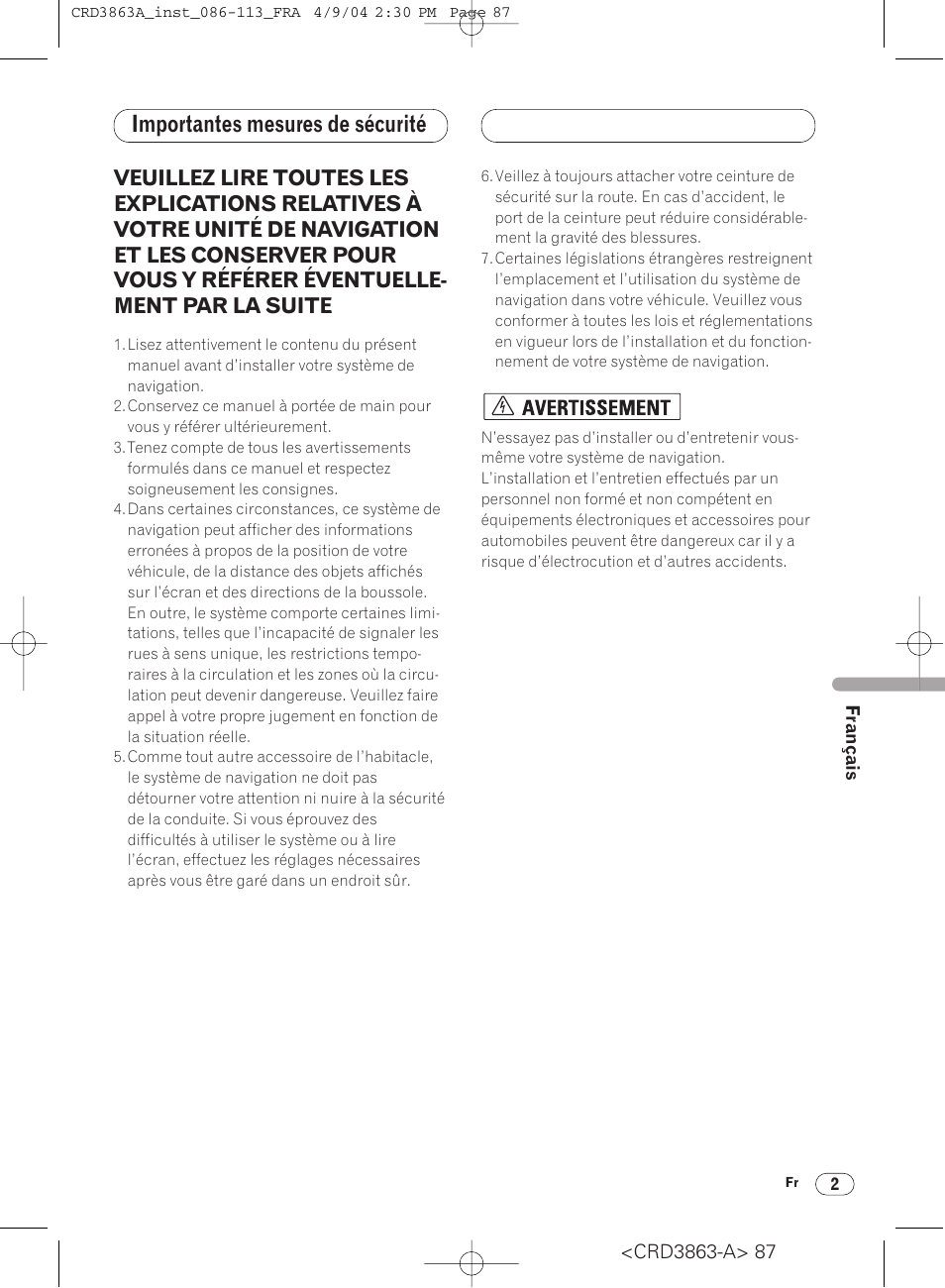 Importantes mesures de sécurité | Pioneer ANH-P10MP User Manual | Page 87 / 170