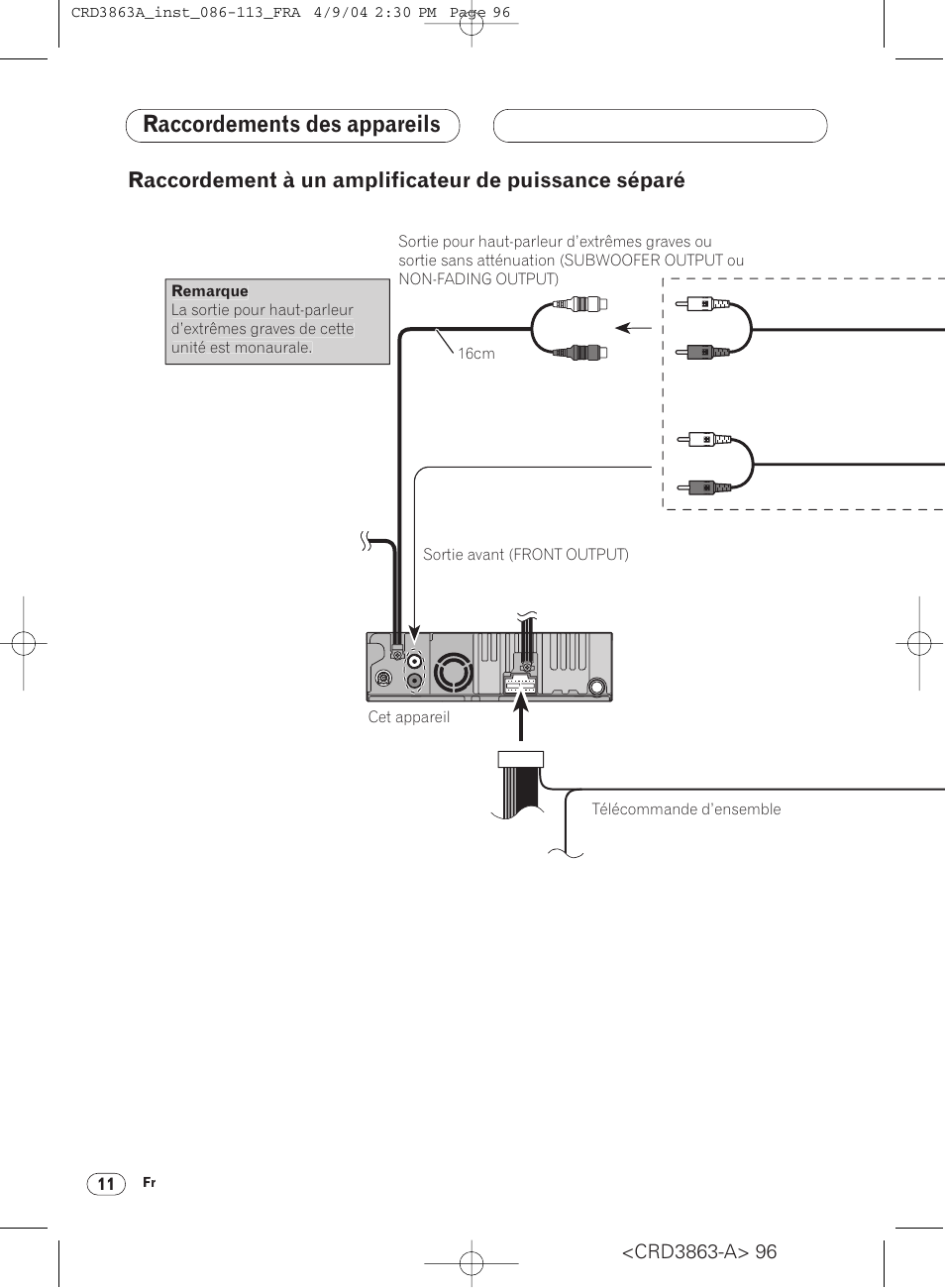 Raccordement à un amplificateur de, Puissance séparé 11, Raccordements des appareils | Pioneer ANH-P10MP User Manual | Page 96 / 170