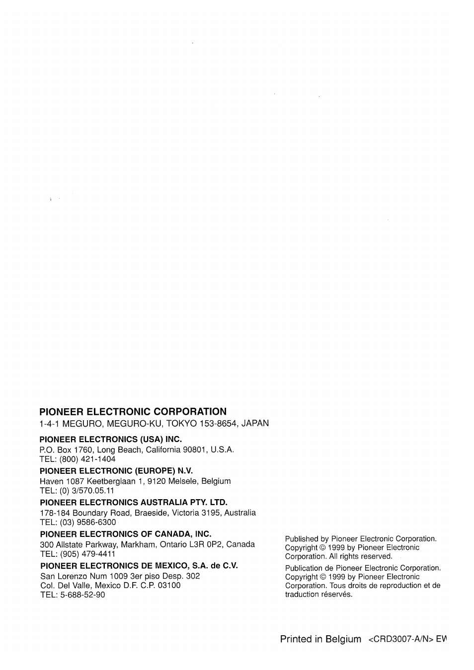 Pioneer electronic corporation | Pioneer CDX-P2050VS User Manual | Page 100 / 100