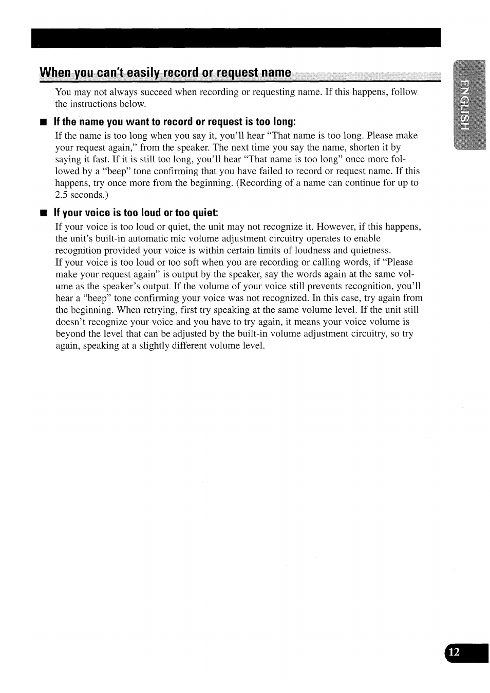 When you can't easily record or request name, If your voice is too loud or too quiet | Pioneer CDX-P2050VS User Manual | Page 13 / 100