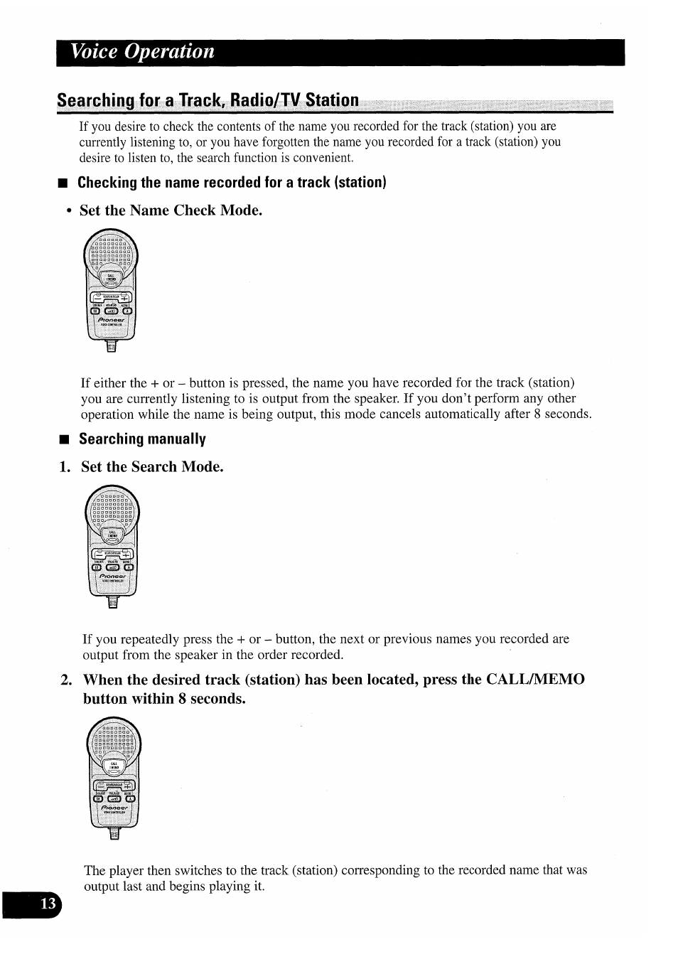 Searching for a track, radio/tv station, Checking the name recorded for a track (station), Set the name check mode | Searching manually, Set the search mode, Voice operation | Pioneer CDX-P2050VS User Manual | Page 14 / 100