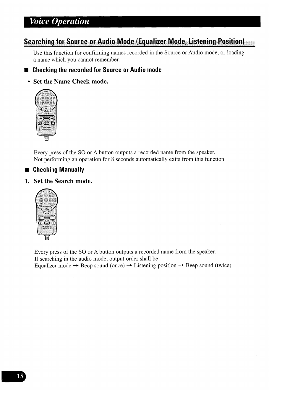 Checking the recorded for source or audio mode, Set the name check mode, Checking manually | Set the search mode, Voice operation | Pioneer CDX-P2050VS User Manual | Page 16 / 100