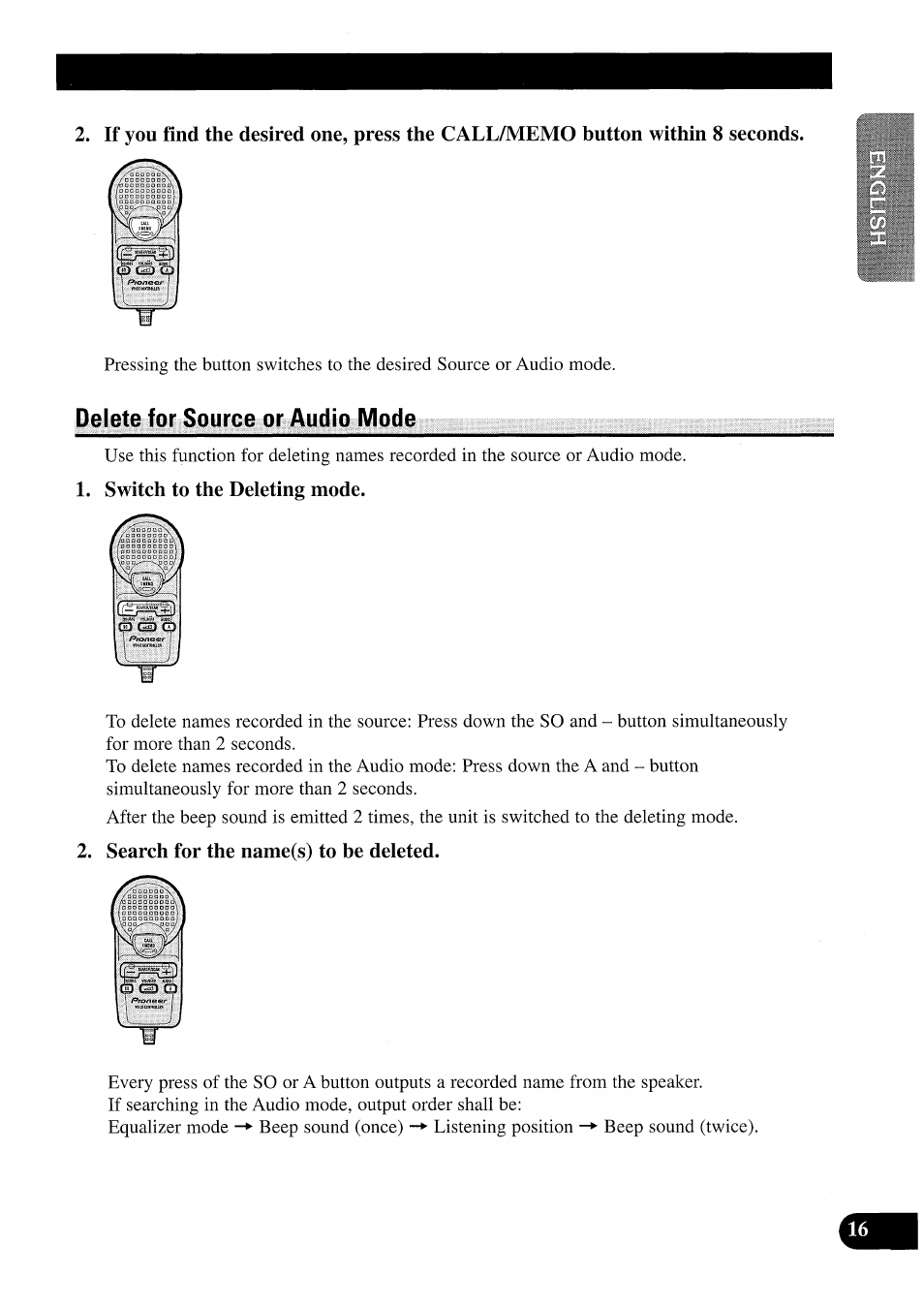 Delete for source or audio mode, Switch to the deleting mode, Search for the name(s) to be deleted | Pioneer CDX-P2050VS User Manual | Page 17 / 100
