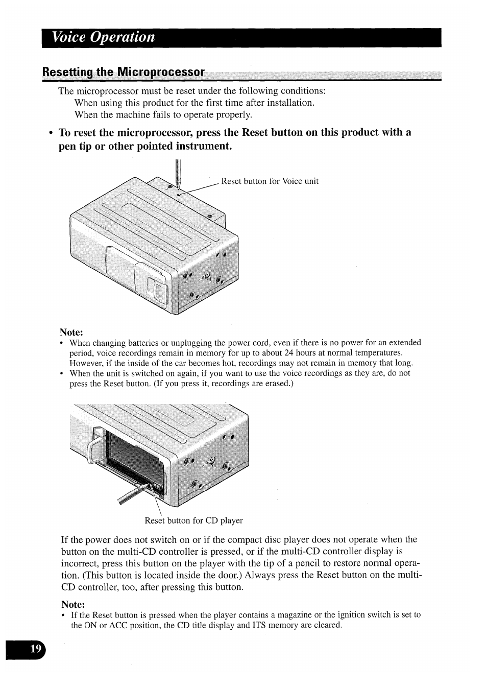 Resetting the microprocessor, Voice operation | Pioneer CDX-P2050VS User Manual | Page 20 / 100