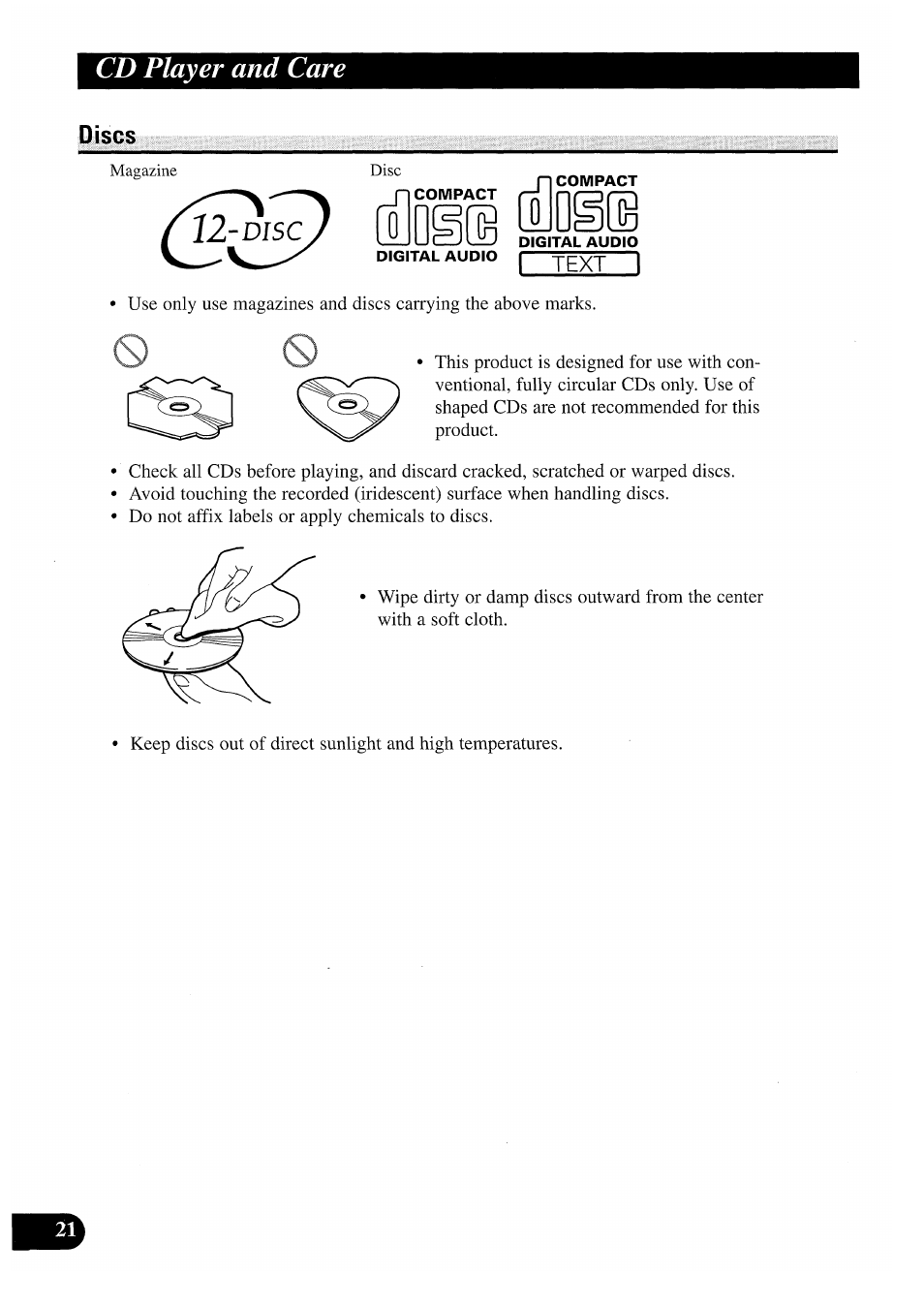 Cd player and care, Discs, 11 [io§e | Pioneer CDX-P2050VS User Manual | Page 22 / 100