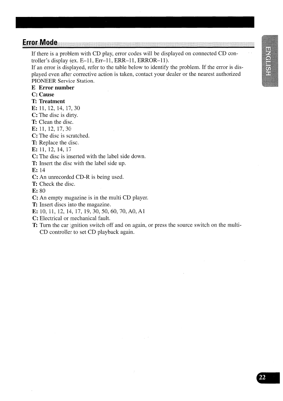 Error mode | Pioneer CDX-P2050VS User Manual | Page 23 / 100
