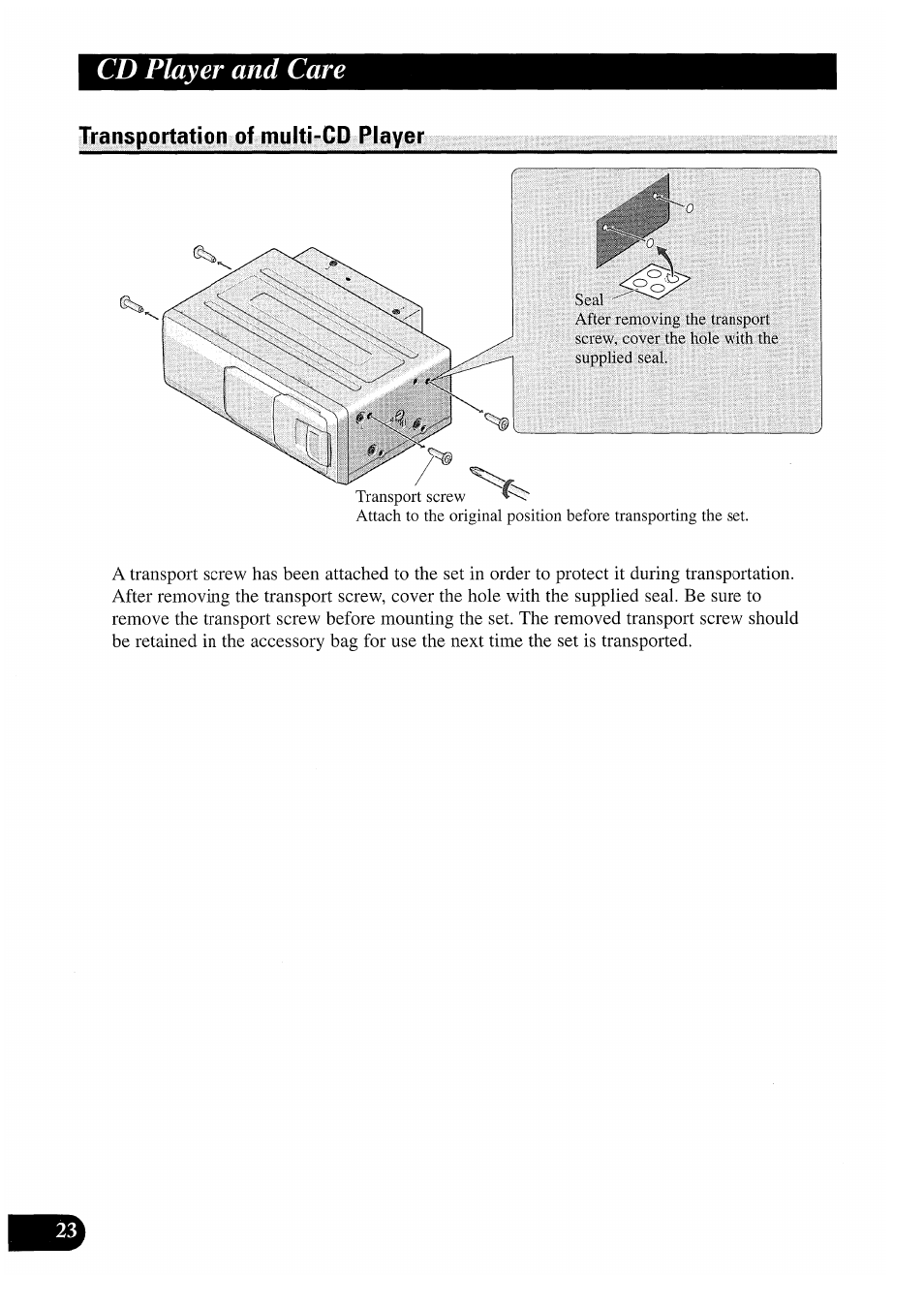 Cd player and care, Transportation of multi-cd player | Pioneer CDX-P2050VS User Manual | Page 24 / 100