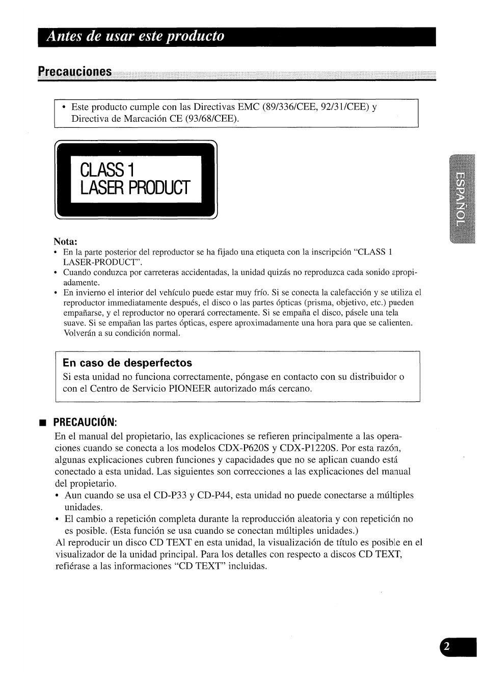 Precauciones, Precaucion, Antes de usar este producto | Pioneer CDX-P2050VS User Manual | Page 27 / 100