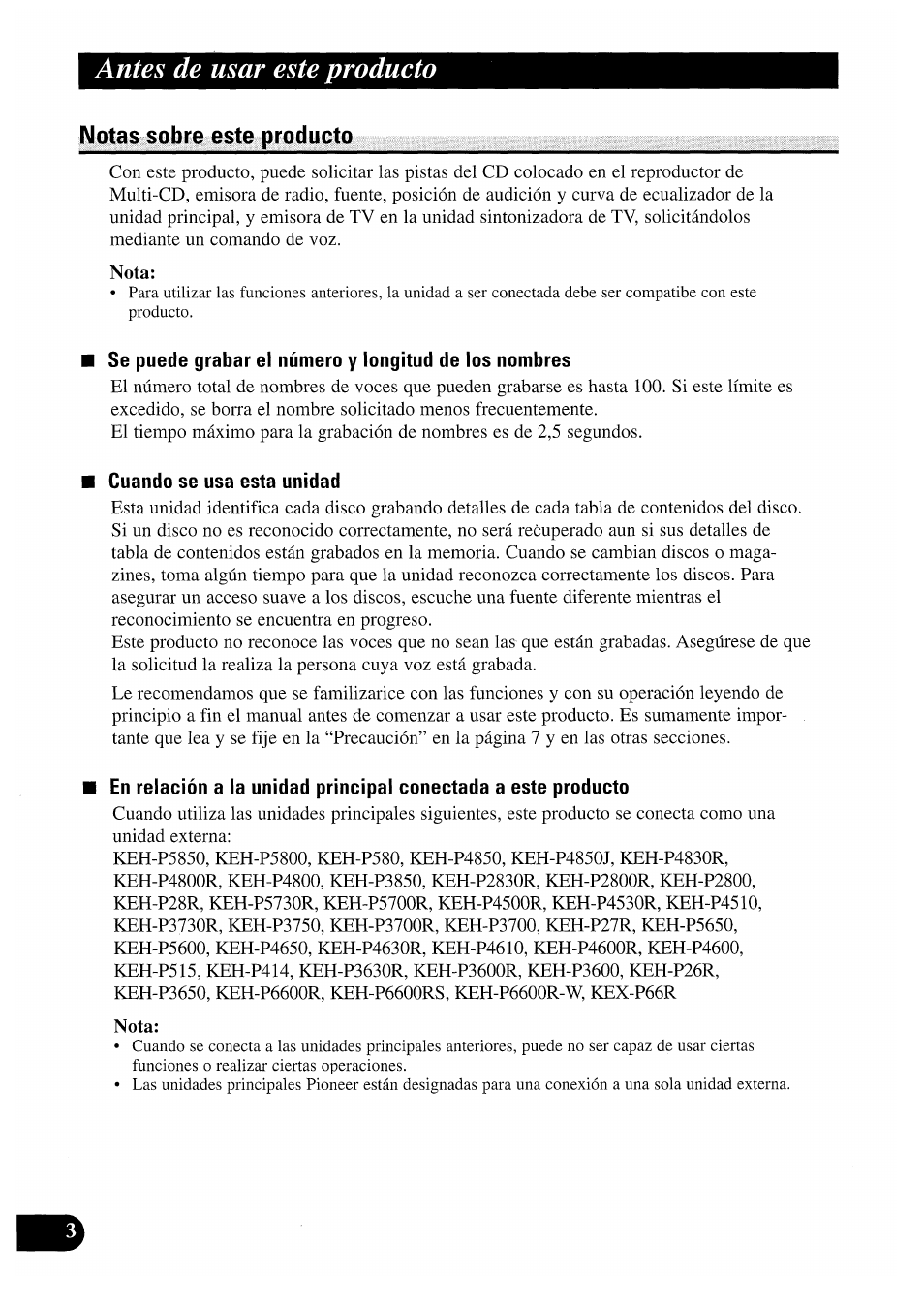 Notas sobre este producto, Cuando se usa esta unidad, Antes de usar este producto | Pioneer CDX-P2050VS User Manual | Page 28 / 100