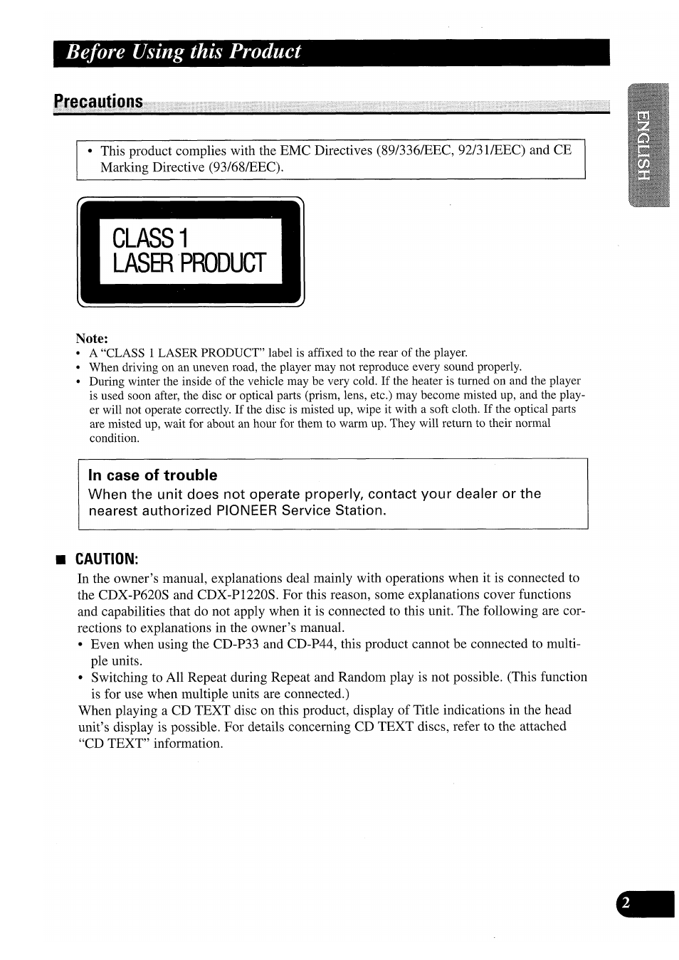 Precautions, Caution, Before using this product | Pioneer CDX-P2050VS User Manual | Page 3 / 100
