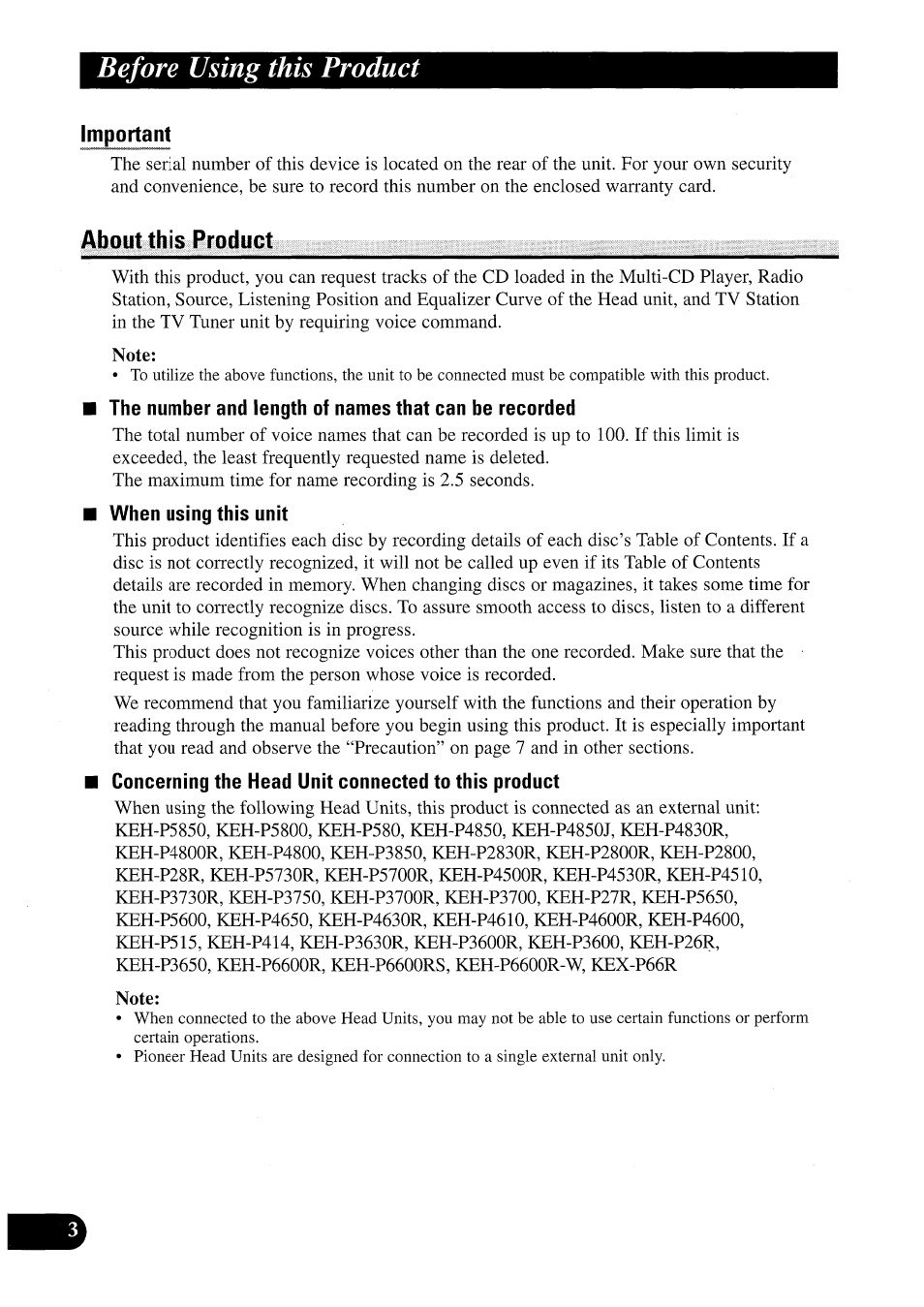 About this product, When using this unit, Concerning the head unit connected to this product | Before using this product | Pioneer CDX-P2050VS User Manual | Page 4 / 100
