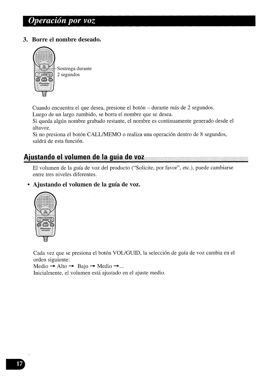 Borre el nombre deseado, Ajustando el volumen de la guía de voz, Operación por voz | Pioneer CDX-P2050VS User Manual | Page 42 / 100
