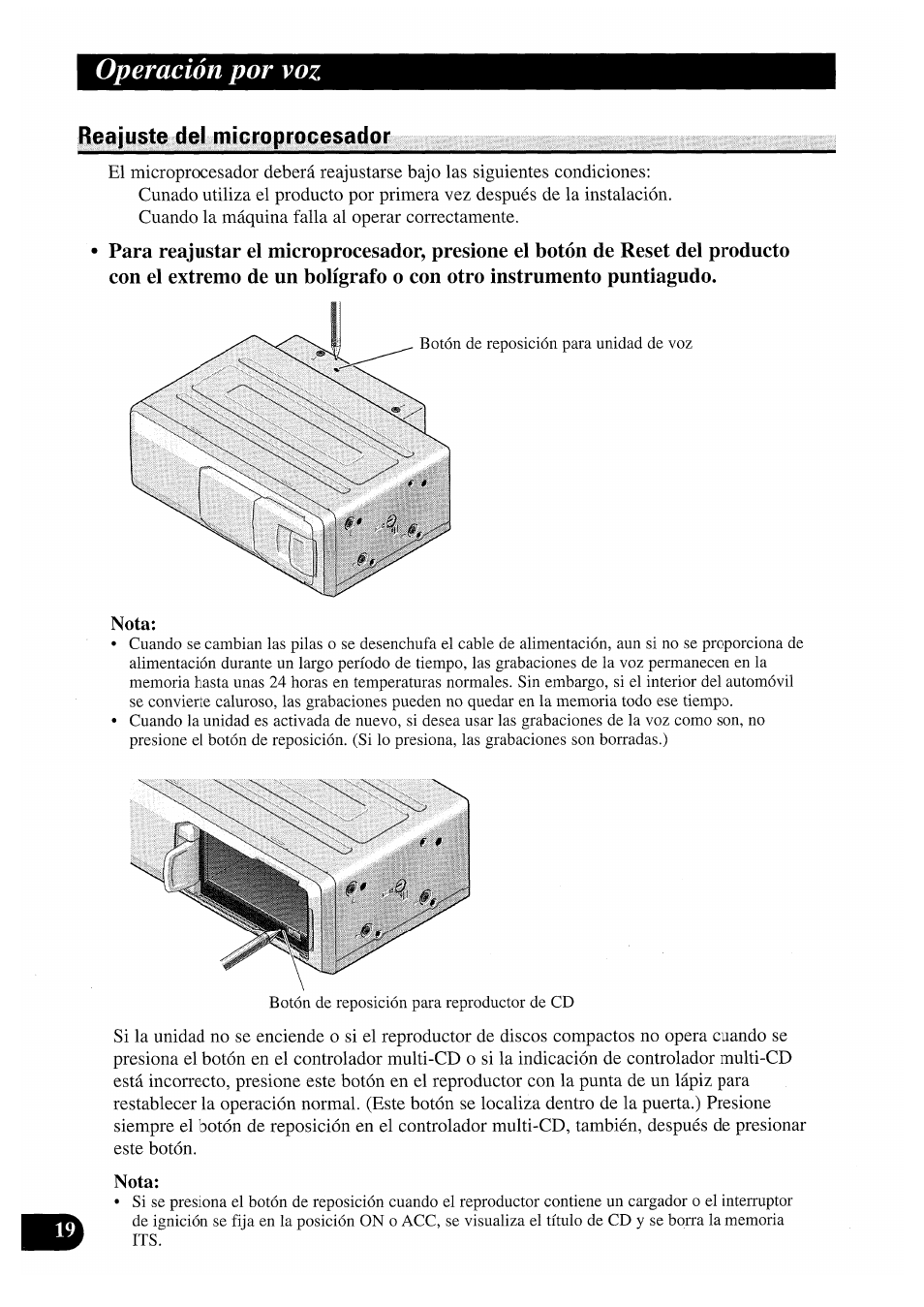 Reajuste del microprocesador, Operación por voz | Pioneer CDX-P2050VS User Manual | Page 44 / 100