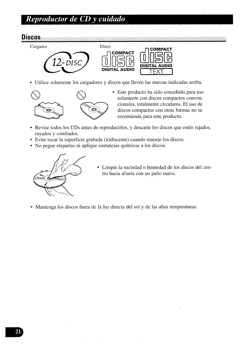 Discos, Reproductor de cd y cuidado | Pioneer CDX-P2050VS User Manual | Page 46 / 100