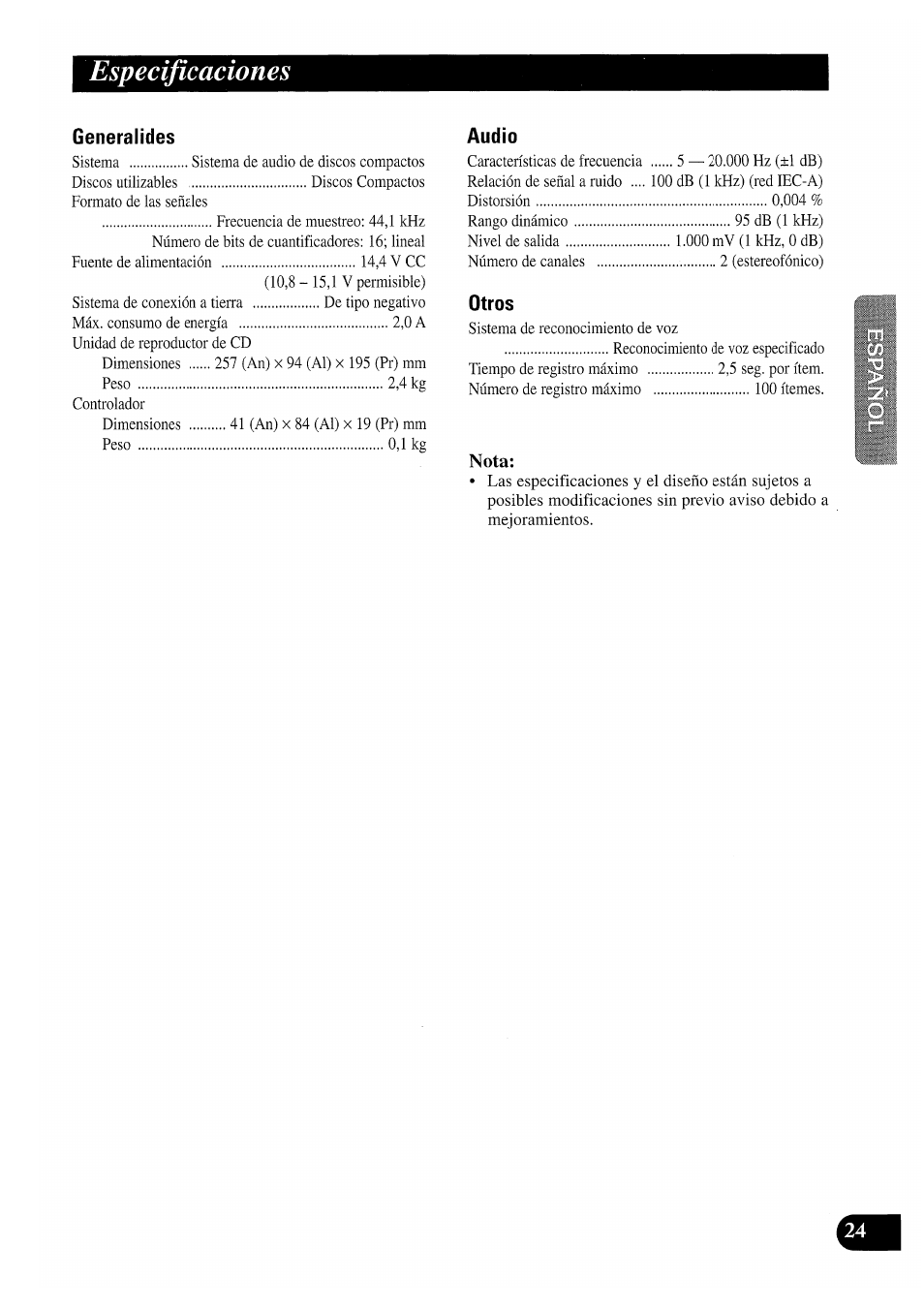 Especificaciones, Generalides, Audio | Otros | Pioneer CDX-P2050VS User Manual | Page 49 / 100