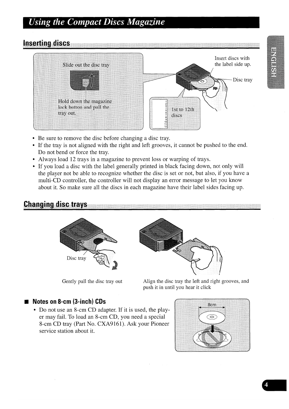 Inserting discs, Changing disc trays, Notes on 8-cm (3-inch) cds | Inserting discs changing disc trays, Using the compact discs magazine | Pioneer CDX-P2050VS User Manual | Page 5 / 100