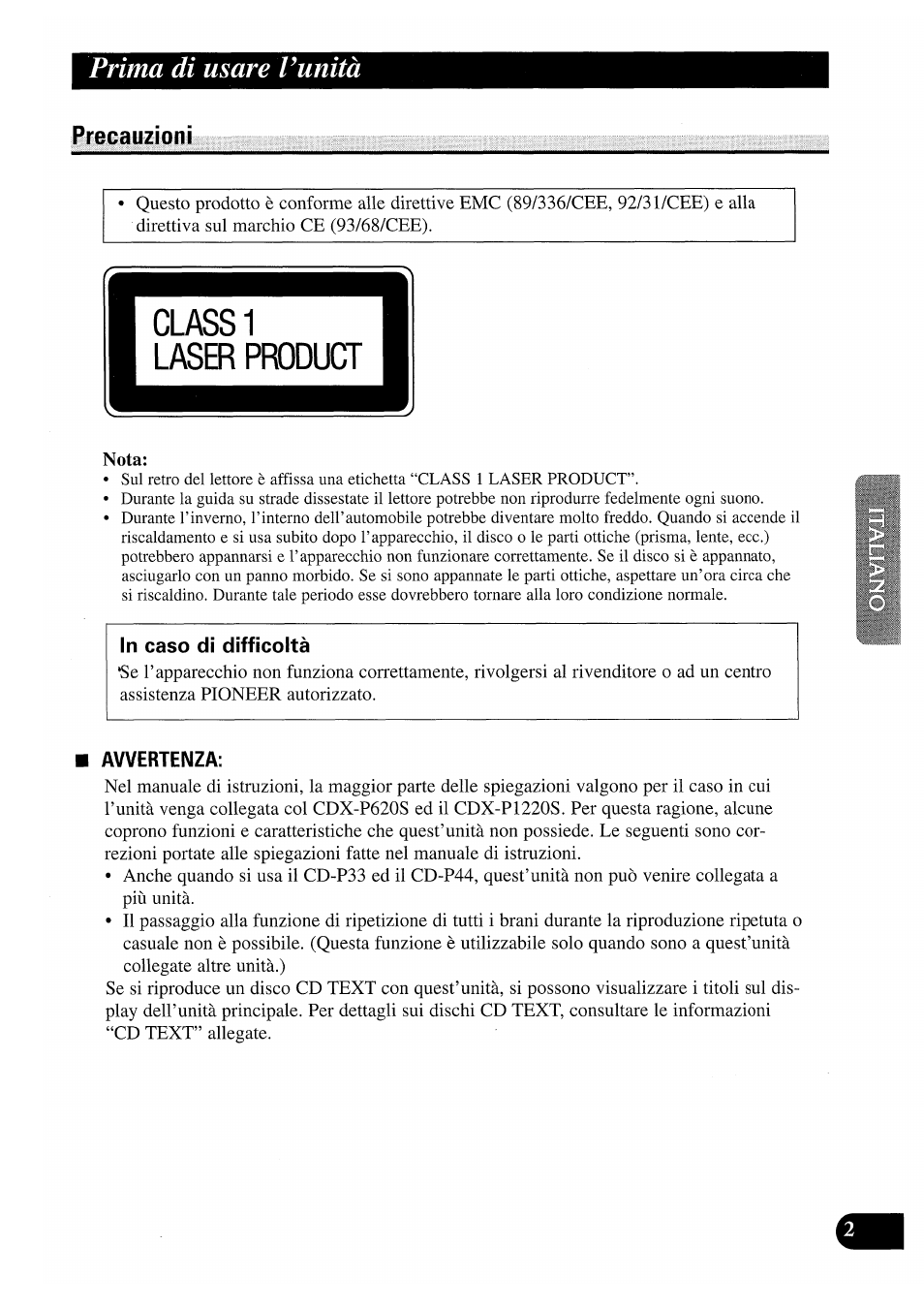 Prima di usare l’unità, Precauzioni, In caso di difficoltà | Avvertenza, Prima di usare l'unità | Pioneer CDX-P2050VS User Manual | Page 51 / 100