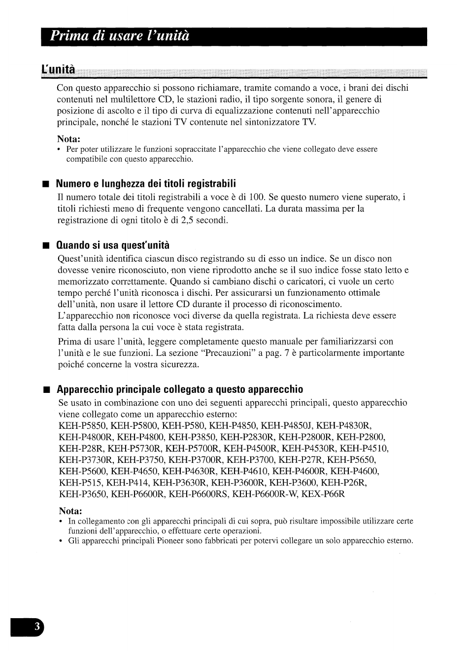 L'unità, Numero e lunghezza dei titoli registrabili, Quando si usa quest'unità | L’unità, Prima di usare l’unità | Pioneer CDX-P2050VS User Manual | Page 52 / 100