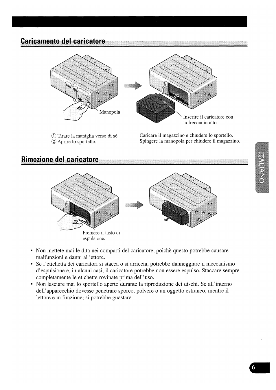 Caricamento del caricatore, Rimozione del caricatore | Pioneer CDX-P2050VS User Manual | Page 55 / 100
