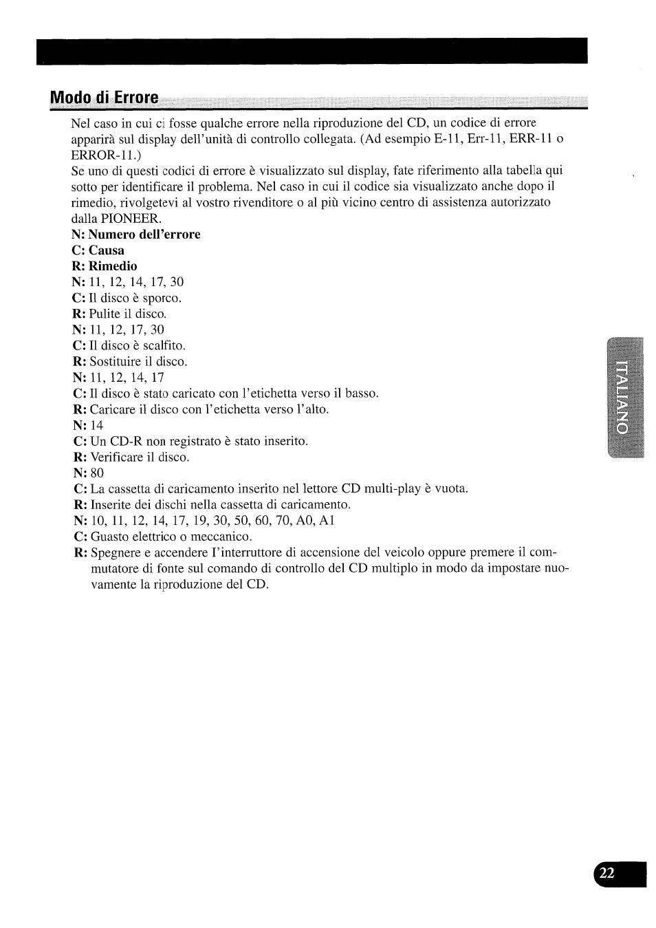 Modo di errore | Pioneer CDX-P2050VS User Manual | Page 71 / 100