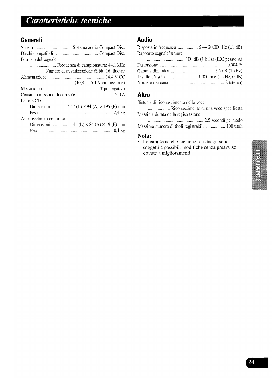 Generali, Audio, Altro | Caratteristiche tecniche | Pioneer CDX-P2050VS User Manual | Page 73 / 100